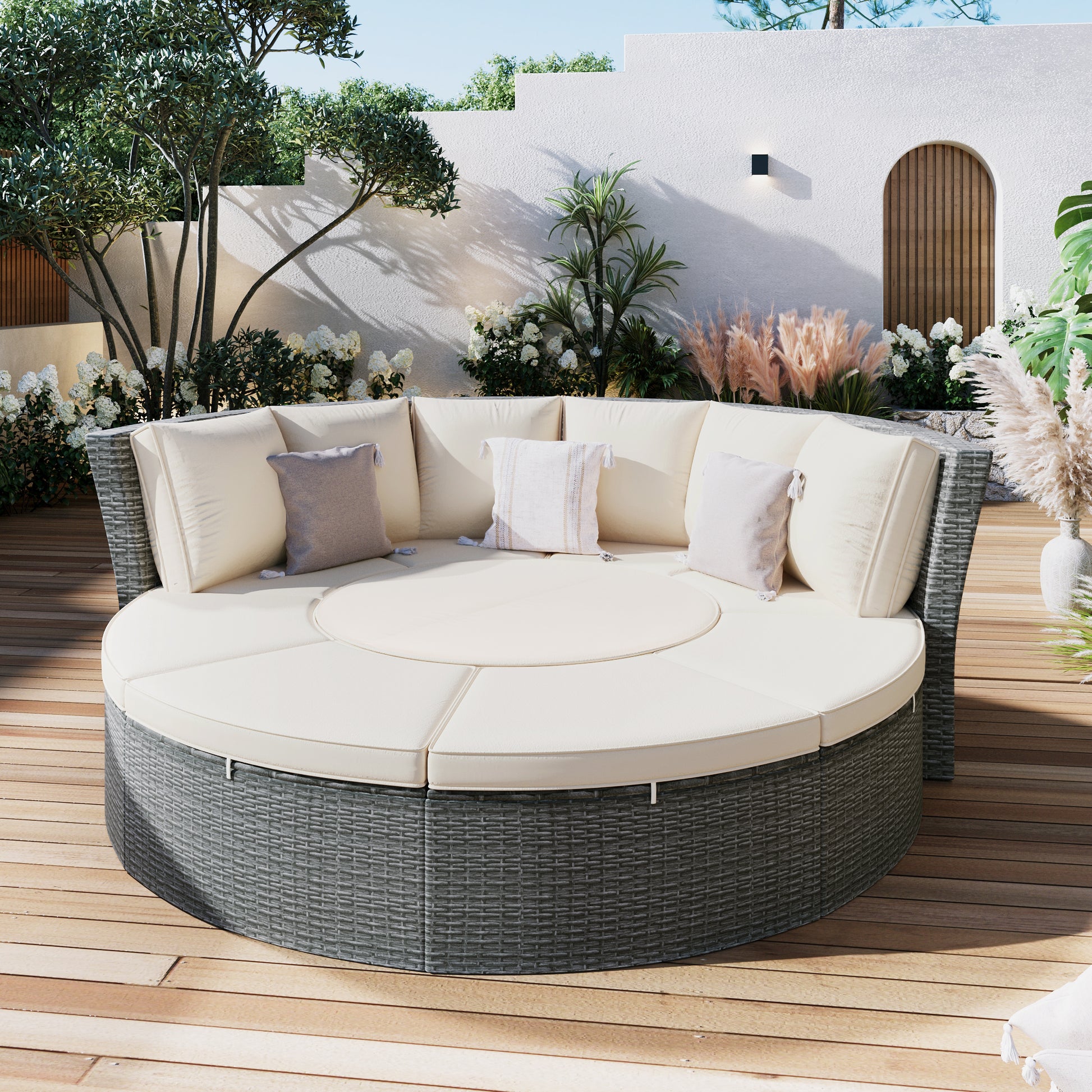 Patio 5 Piece Round Rattan Sectional Sofa Set All Weather Pe Wicker Sunbed Daybed With Round Liftable Table And Washable Cushions For Outdoor Backyard Poolside, Beige Yes Deep Seating Beige Water Resistant Frame Water Resistant Cushion Garden & Outdoor