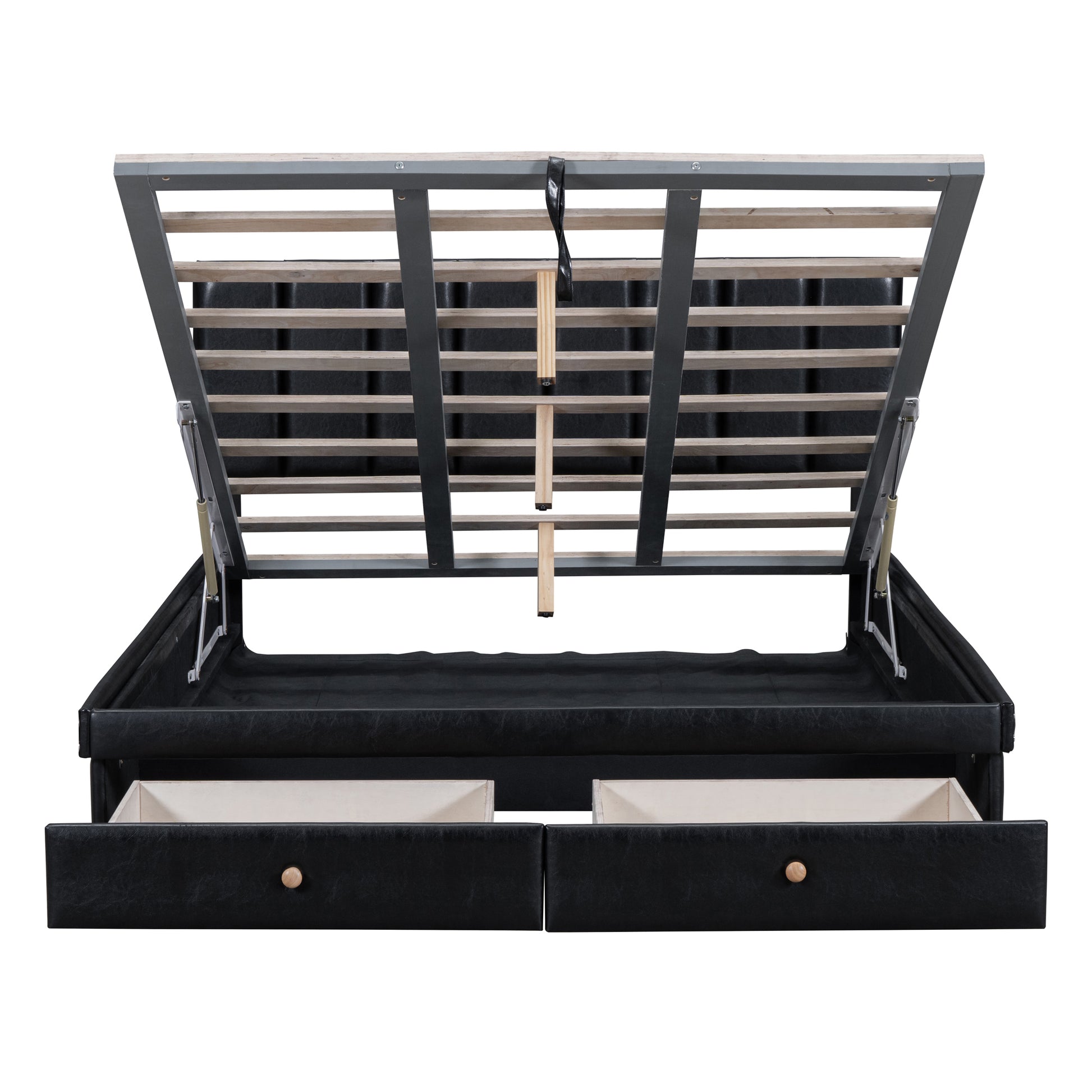 Queen Size Upholstered Bed With Hydraulic Storage System And Drawer, Black Black Pu Leather