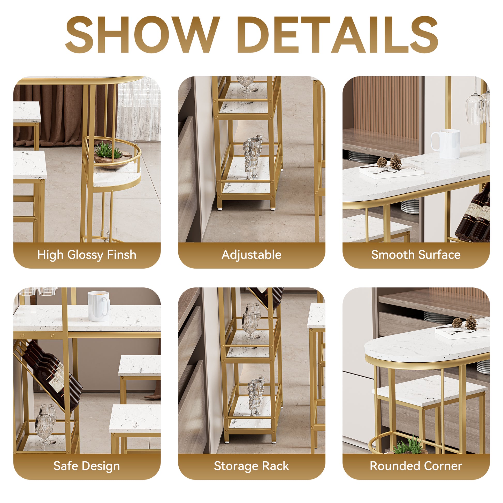 3 Pcs Bar Table And Chairs Set, Modern White Kitchen Bar Height Dining Table Wood Breakfast Pub Table With Gold Base With Shelves, Glass Rack, Wine Bottle Rack ,With 2 Bar Stools White Gold Dining Room Contemporary Floor Mount Rectangular Kitchen &