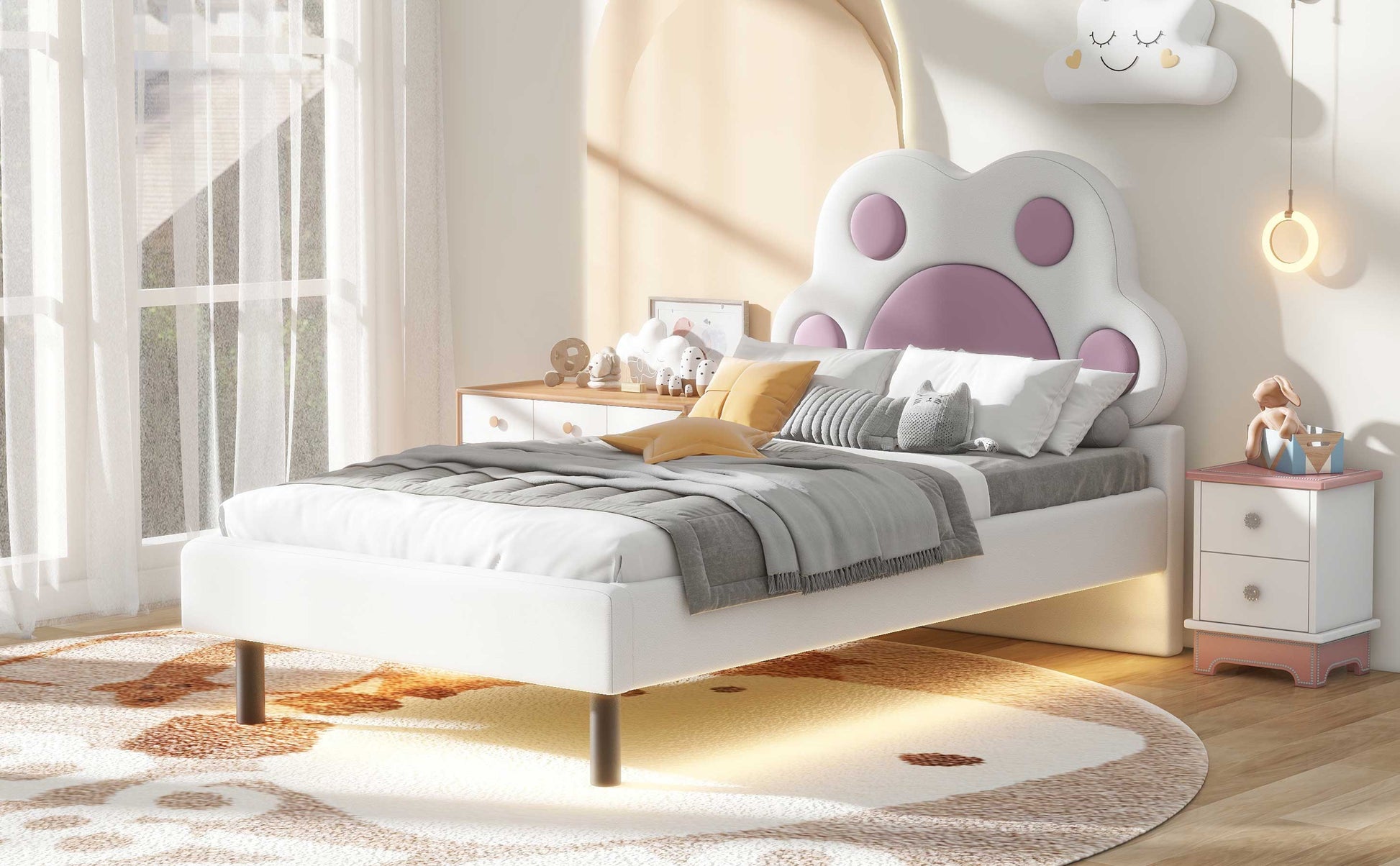 Twin Size Upholstered Platform Bed With Animal Paw Shaped Headboard And Led, Pink Box Spring Not Required Twin White Pink Wood Bedroom Solid Wood Mdf