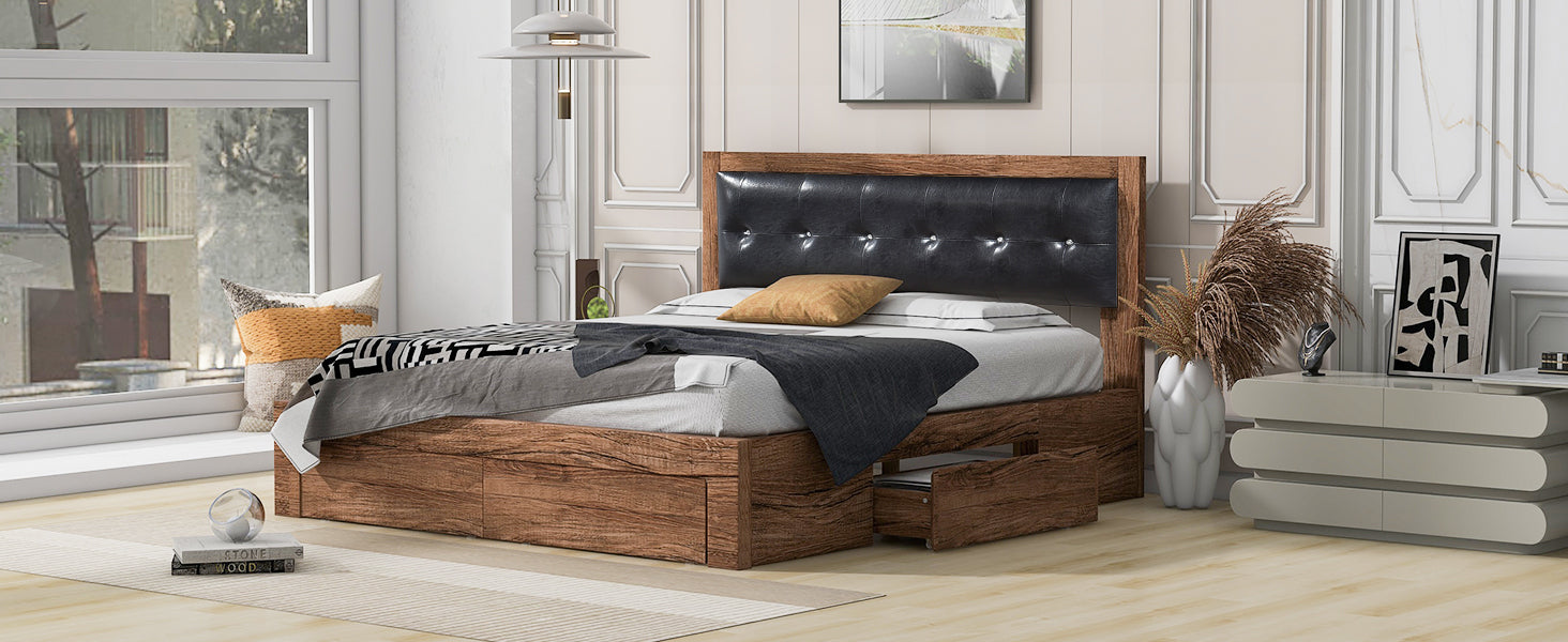 Queen Size Wood Platform Bed With Upholstered Headboard And 4 Drawers Box Spring Not Required Queen Walnut Wood Bedroom Bed Frame Faux Leather Solid Wood Mdf