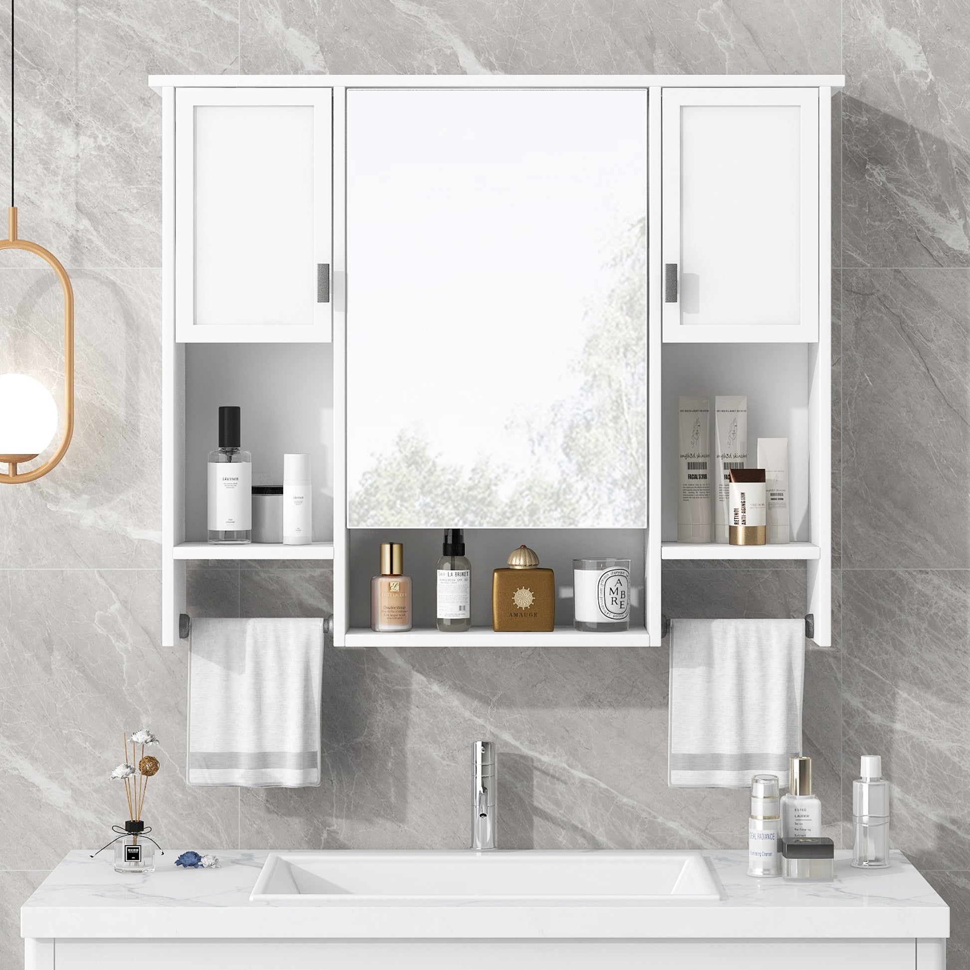 35'' X 28'' Modern Wall Mounted Bathroom Storage Cabinet, Bathroom Wall Cabinet With Mirror, Medicine Cabinet With Towels Bar White 3 5 Mirror Included Bathroom Wall Mounted Mdf Painted