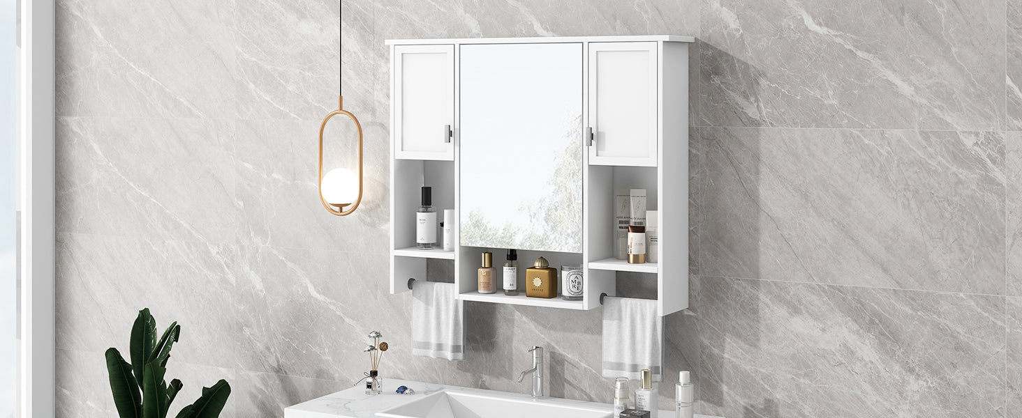 35'' X 28'' Modern Wall Mounted Bathroom Storage Cabinet, Bathroom Wall Cabinet With Mirror, Medicine Cabinet With Towels Bar White 3 5 Mirror Included Bathroom Wall Mounted Mdf Painted