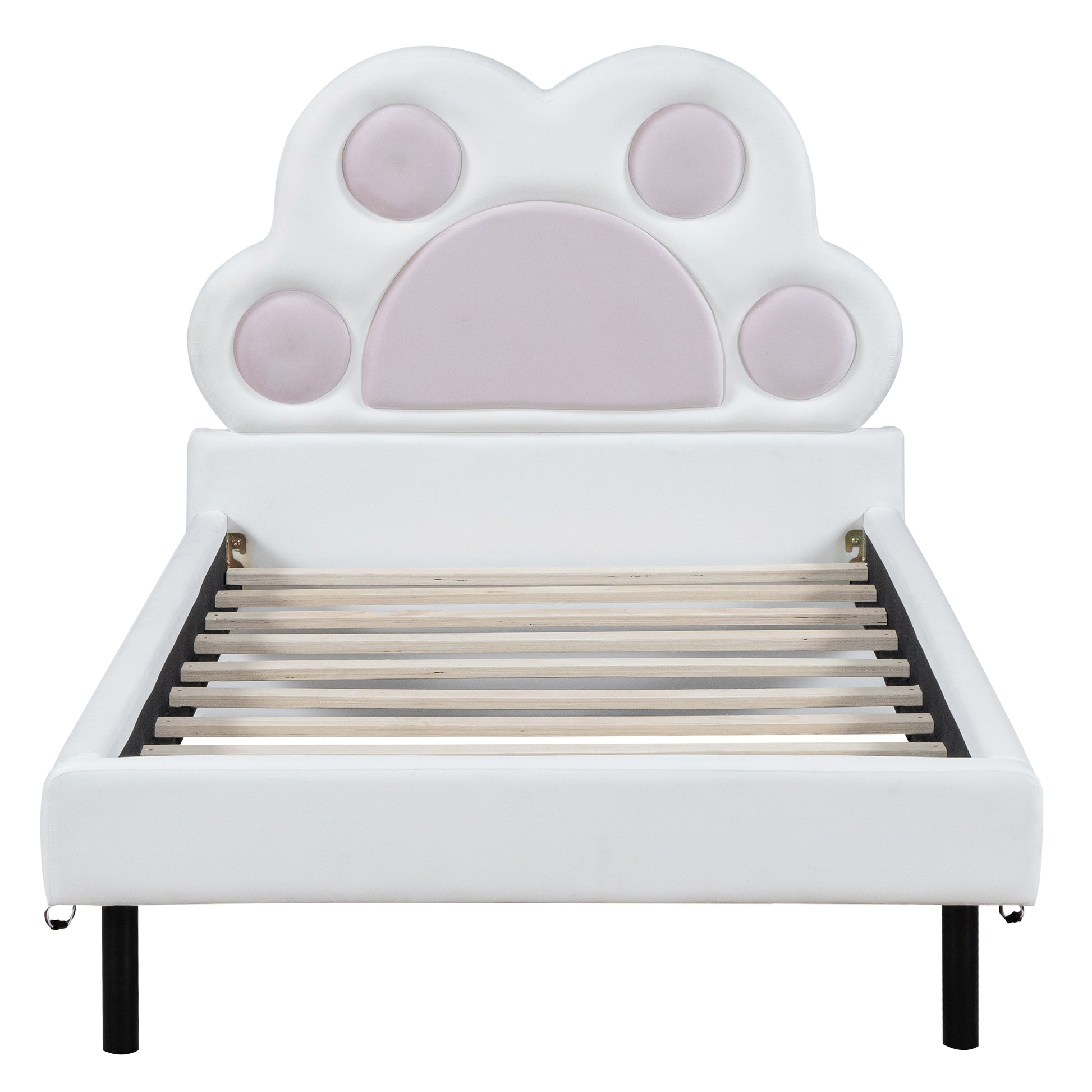 Twin Size Upholstered Platform Bed With Animal Paw Shaped Headboard And Led, Pink Box Spring Not Required Twin White Pink Wood Bedroom Solid Wood Mdf