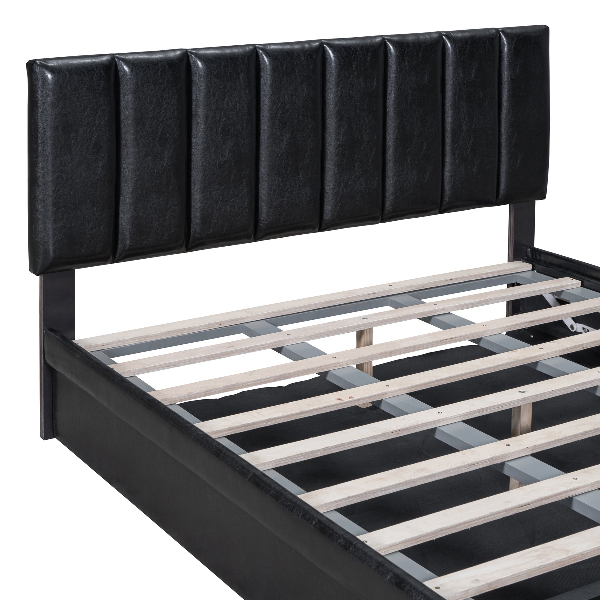 Full Size Upholstered Bed With Hydraulic Storage System And Drawer, Black Black Pu Leather