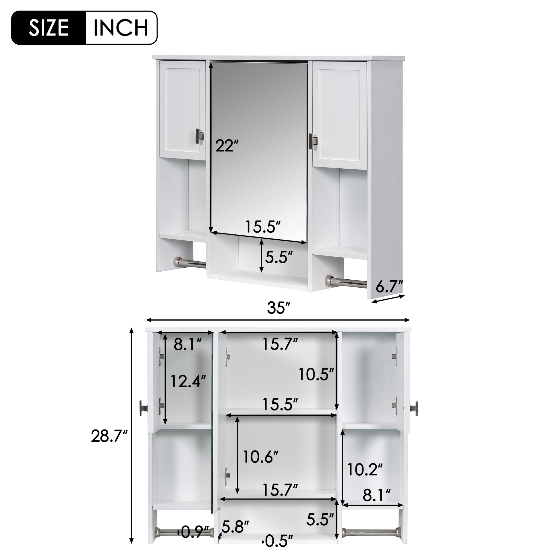35'' X 28'' Modern Wall Mounted Bathroom Storage Cabinet, Bathroom Wall Cabinet With Mirror, Medicine Cabinet With Towels Bar White 3 5 Mirror Included Bathroom Wall Mounted Mdf Painted