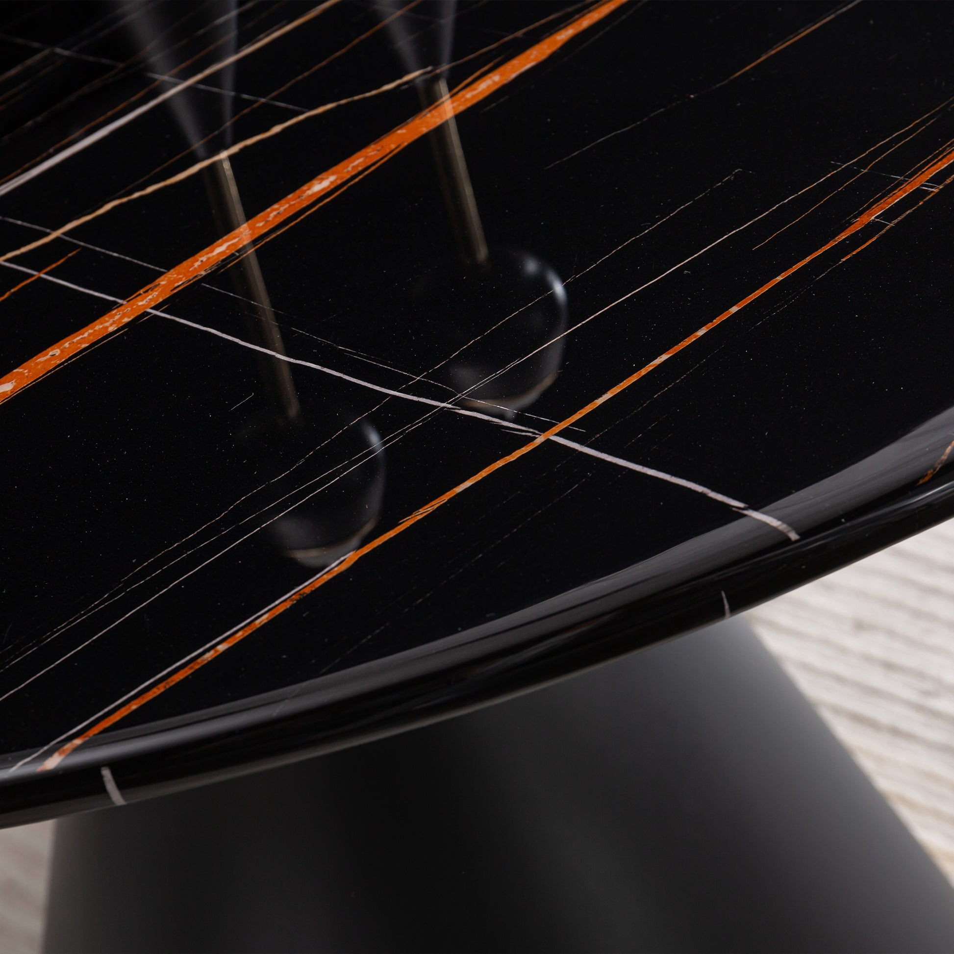 Black Marble Printed Mdf Round Dining Table, Black Columnar Base With Gold Annulus Not Including Chairs Black Mdf Steel