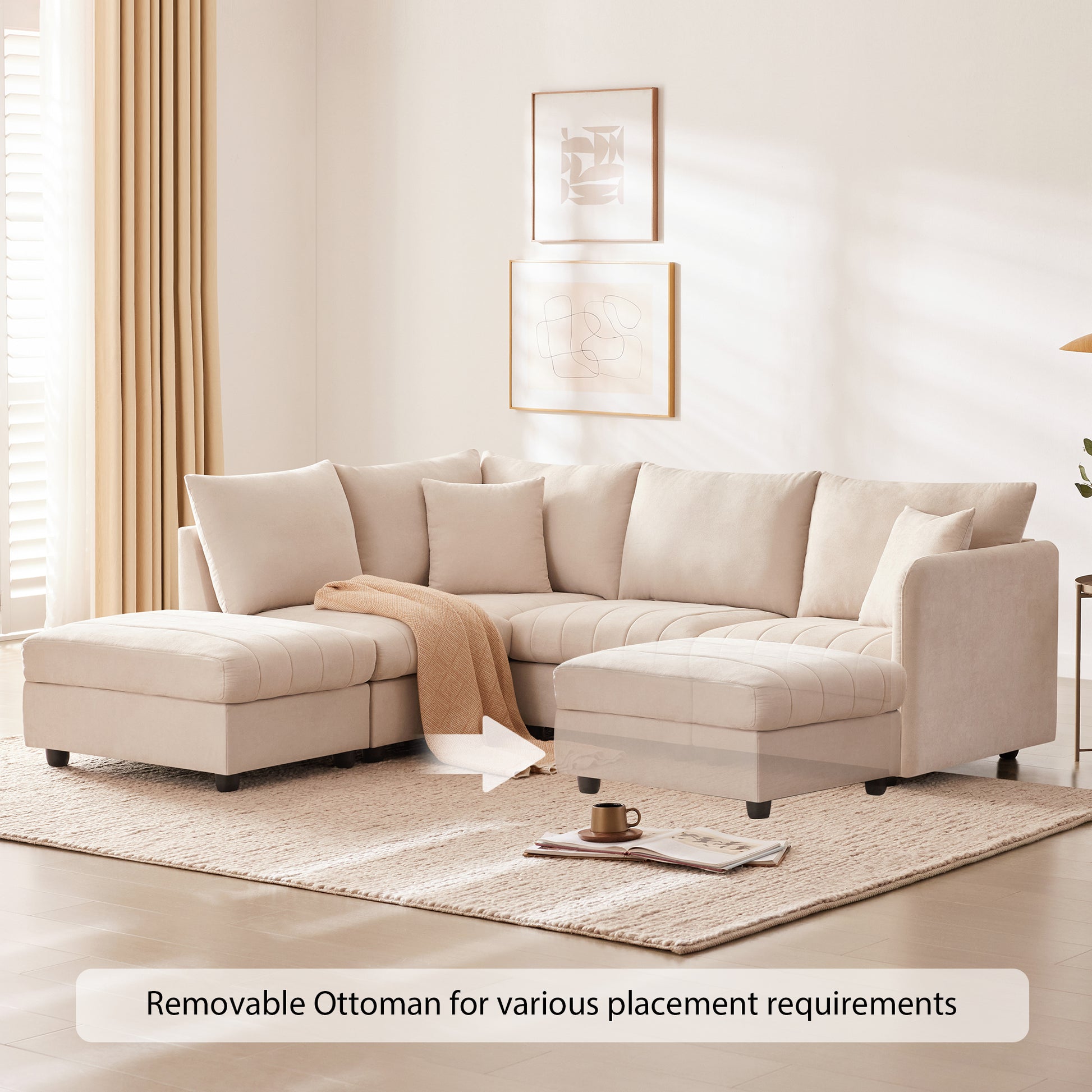 89*79"Modern Sectional Sofa With Vertical Stripes,2 Pillows,5 Seat Couch With Convertible Ottoman,Various Combinations,L Shape Indoor Furniture For Living Room,Apartment, 3 Colors Beige Fabric 5 Seat