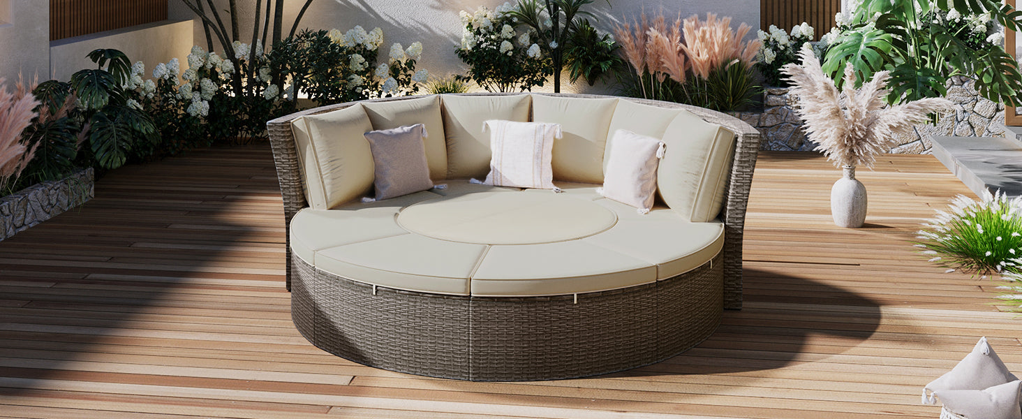 Patio 5 Piece Round Rattan Sectional Sofa Set All Weather Pe Wicker Sunbed Daybed With Round Liftable Table And Washable Cushions For Outdoor Backyard Poolside, Gray Yes Deep Seating Gray Water Resistant Frame Water Resistant Cushion Garden & Outdoor