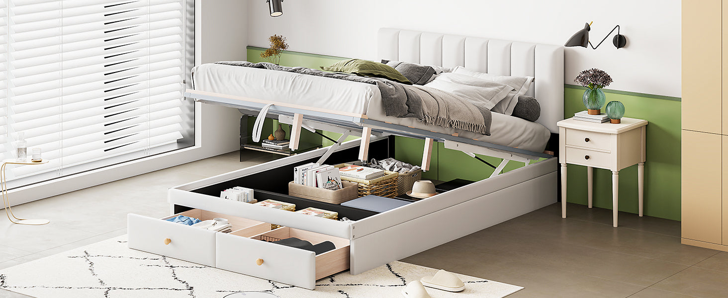 Full Size Upholstered Bed With Hydraulic Storage System And Drawer, White White Pu Leather