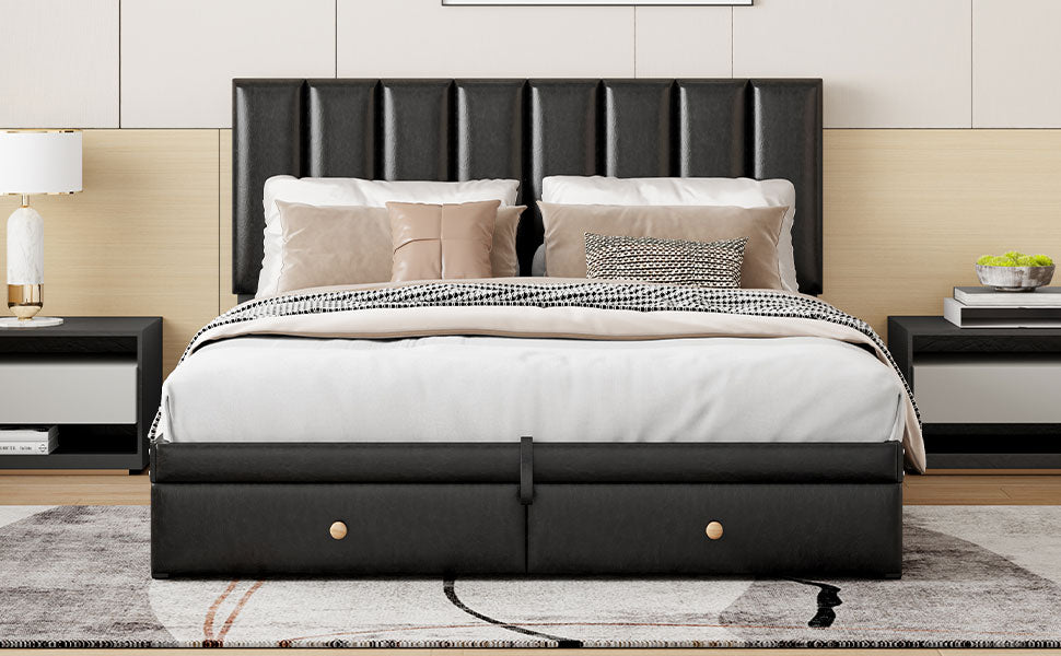 Queen Size Upholstered Bed With Hydraulic Storage System And Drawer, Black Black Pu Leather