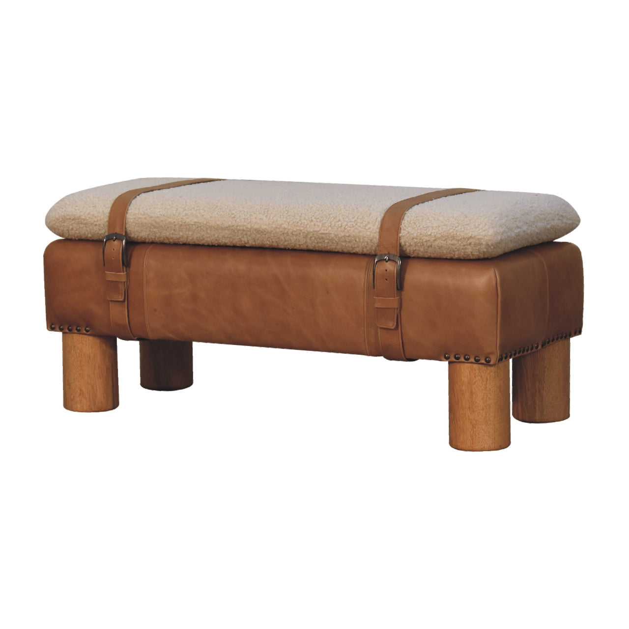 Strapped Cyclinder Bench Tan Leather Wood Fabric