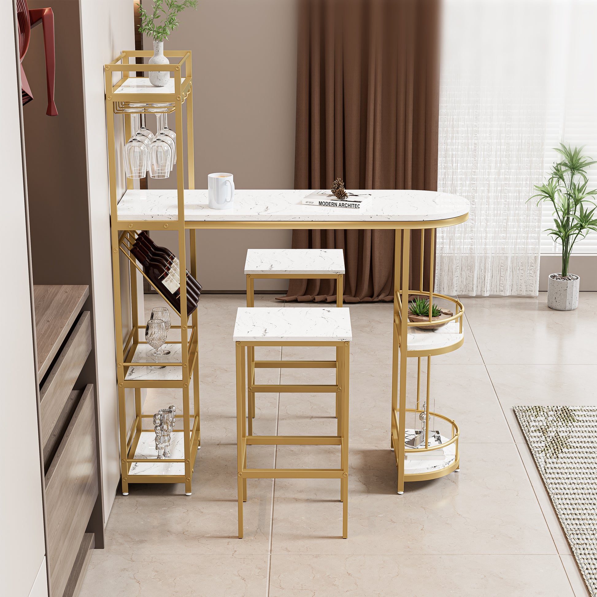 3 Pcs Bar Table And Chairs Set, Modern White Kitchen Bar Height Dining Table Wood Breakfast Pub Table With Gold Base With Shelves, Glass Rack, Wine Bottle Rack ,With 2 Bar Stools White Gold Dining Room Contemporary Floor Mount Rectangular Kitchen &
