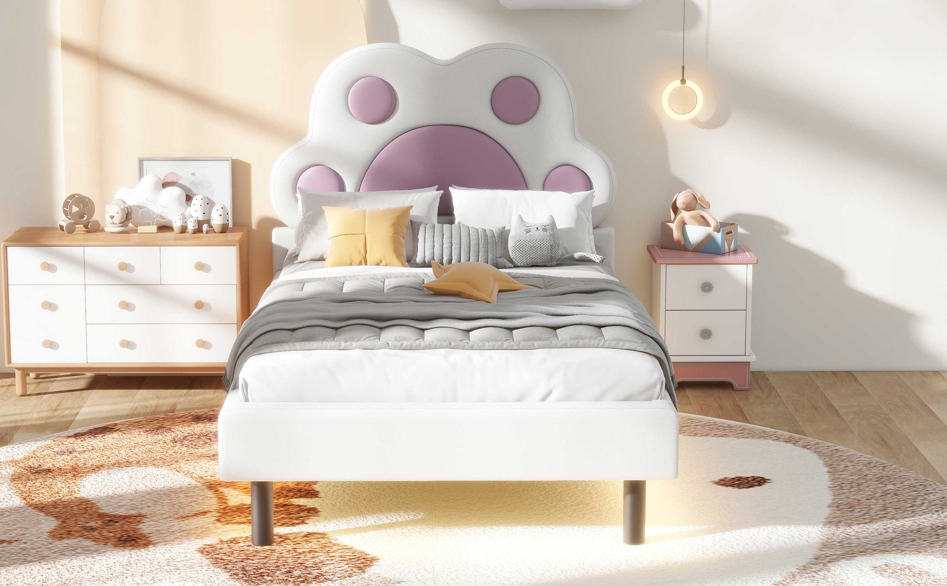 Twin Size Upholstered Platform Bed With Animal Paw Shaped Headboard And Led, Pink Box Spring Not Required Twin White Pink Wood Bedroom Solid Wood Mdf
