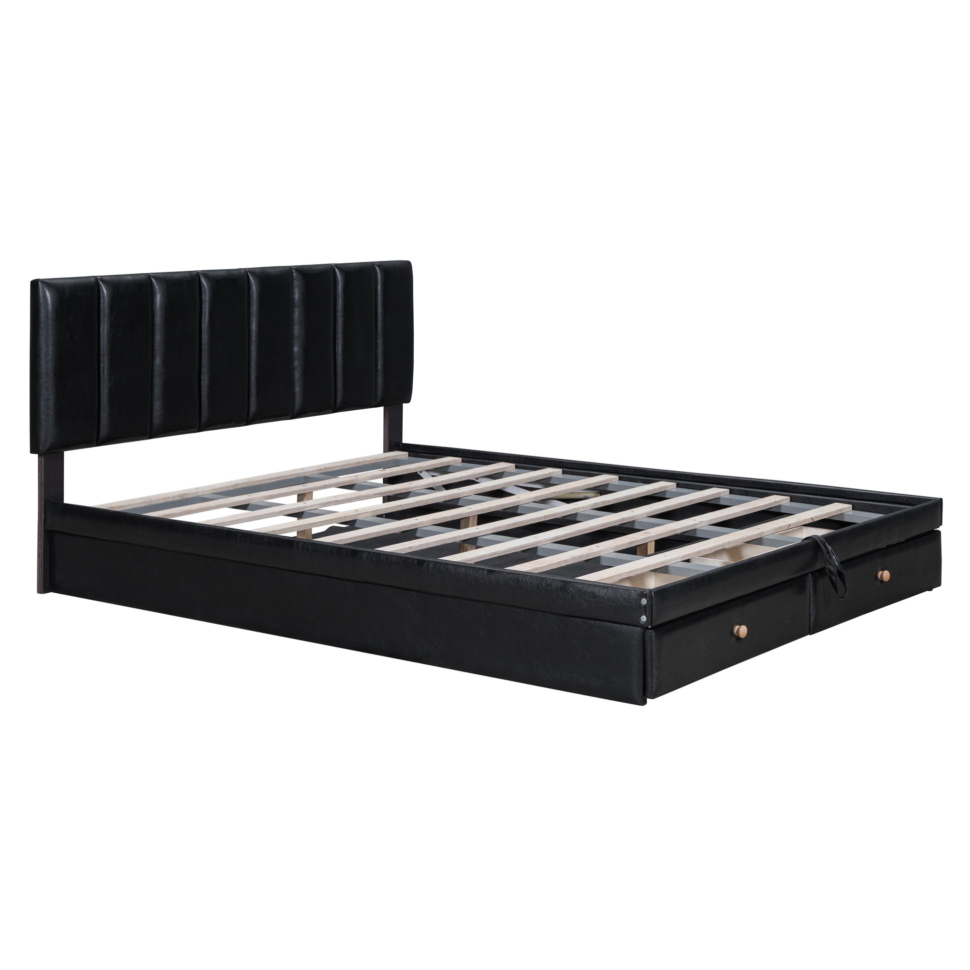 Queen Size Upholstered Bed With Hydraulic Storage System And Drawer, Black Black Pu Leather