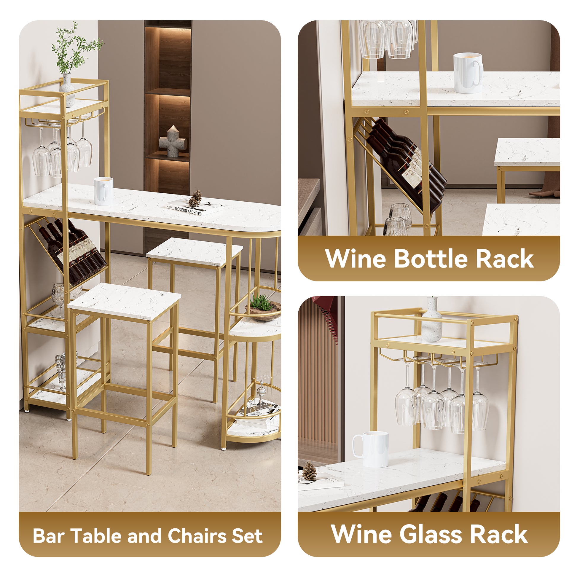 3 Pcs Bar Table And Chairs Set, Modern White Kitchen Bar Height Dining Table Wood Breakfast Pub Table With Gold Base With Shelves, Glass Rack, Wine Bottle Rack ,With 2 Bar Stools White Gold Dining Room Contemporary Floor Mount Rectangular Kitchen &