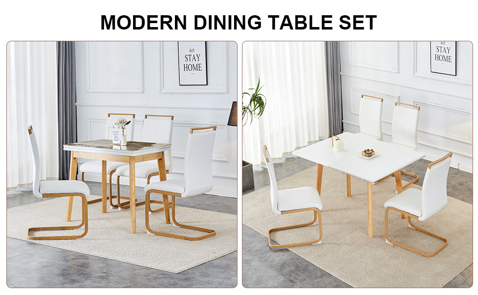 Stone Burning Tabletop With Rubber Wooden Legs, Foldable Computer Desk, Foldable Office Desk,4 Modern Pu Leather High Back Cushion Side Chair With Wood Grain Metal Legs. Zd 1545C 1162 White Sintered Stone