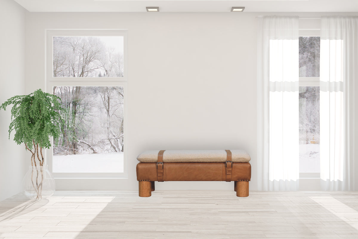 Strapped Cyclinder Bench Tan Leather Wood Fabric
