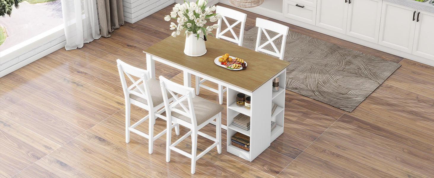 60"Lx30"W Solid Wood Farmhouse Counter Height Dining Table Set With 3 Tier Storage Shelves, Upholstered Dining Chairs For 4, 5 Piece, White Wood Dining Room Solid Wood Rubberwood Rectangular Dining Table With Chair Wood Wood Natural White Seats 4