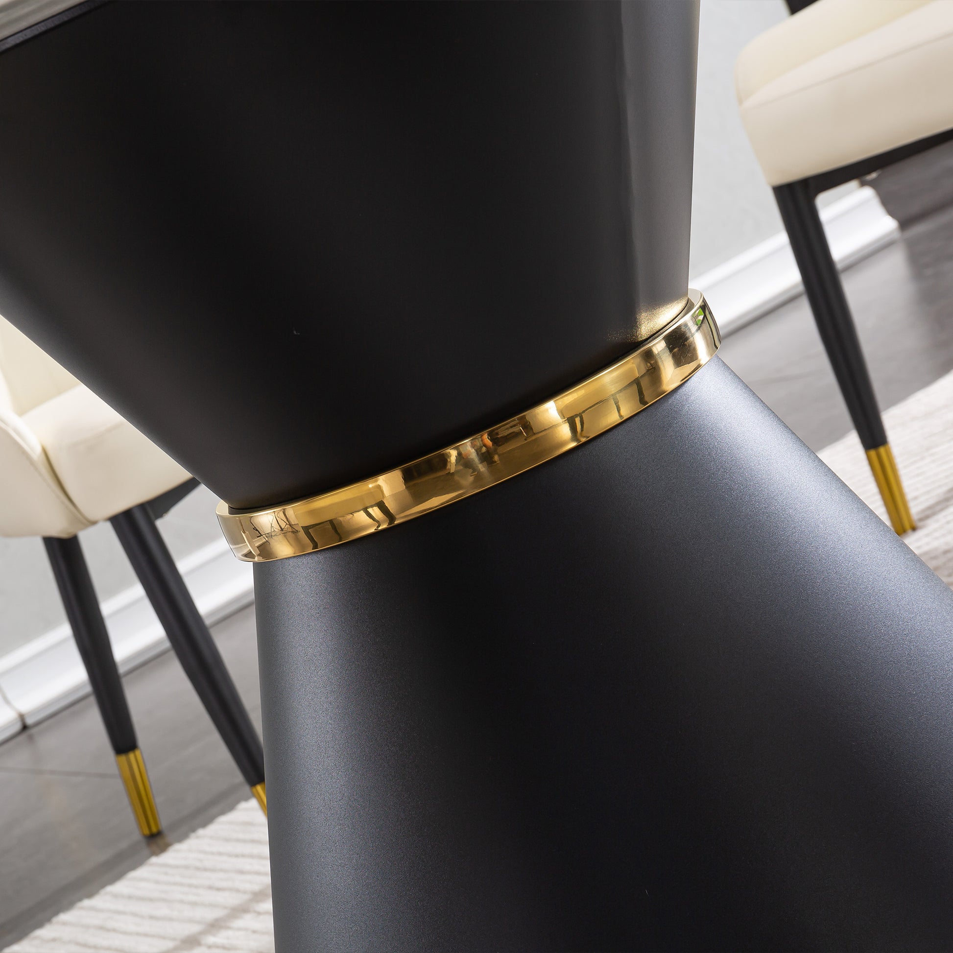 Black Marble Printed Mdf Round Dining Table, Black Columnar Base With Gold Annulus Not Including Chairs Black Mdf Steel