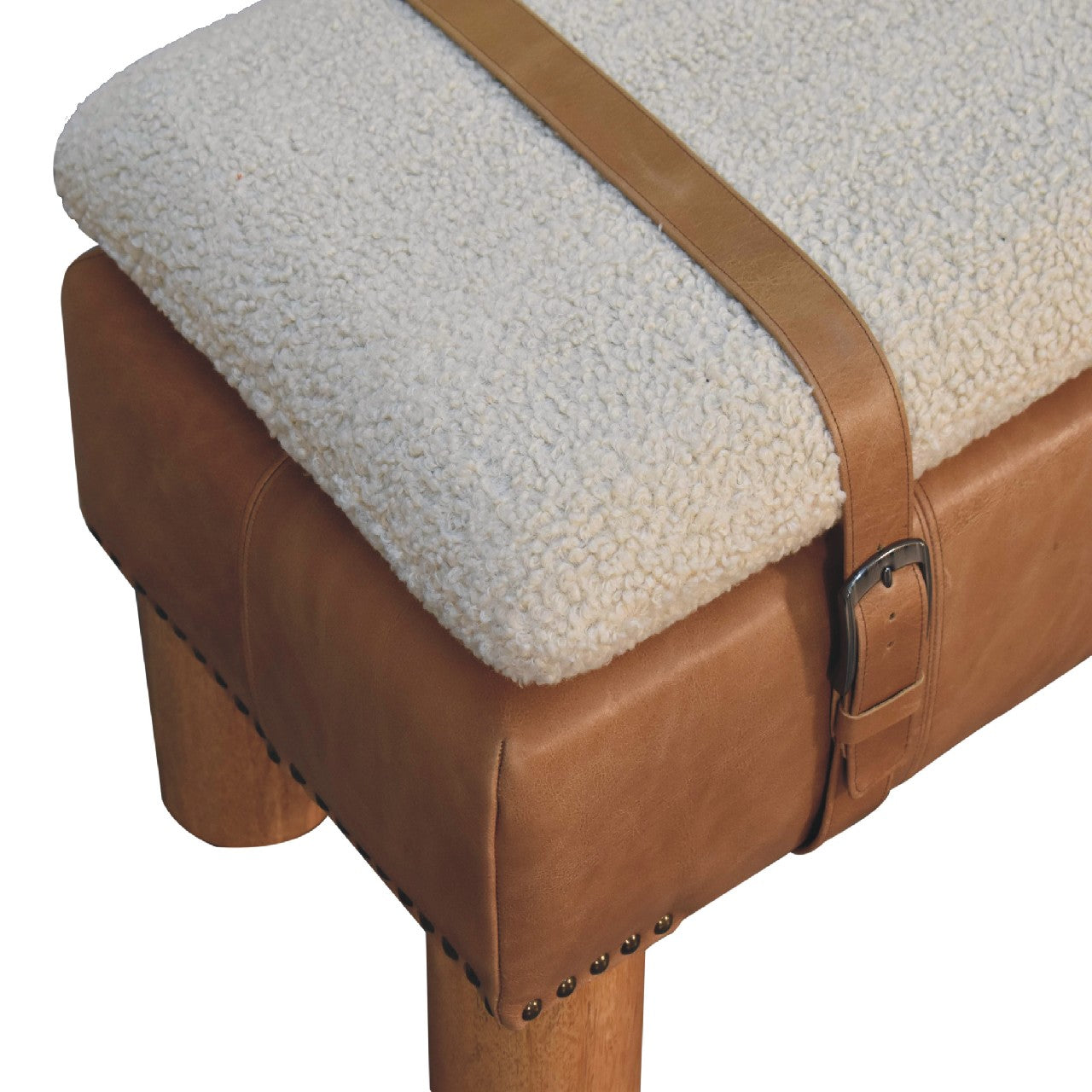 Strapped Cyclinder Bench Tan Leather Wood Fabric