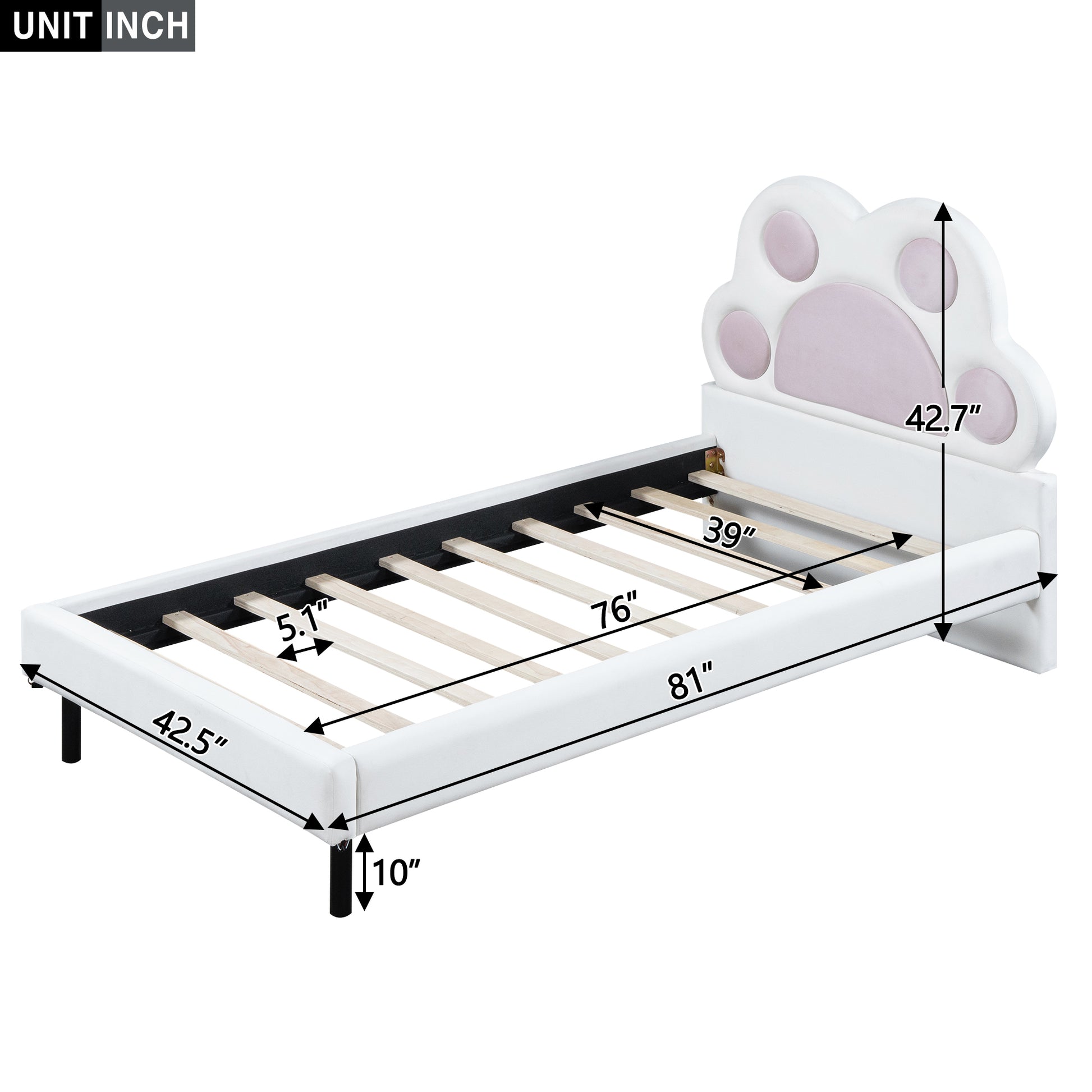 Twin Size Upholstered Platform Bed With Animal Paw Shaped Headboard And Led, Pink Box Spring Not Required Twin White Pink Wood Bedroom Solid Wood Mdf