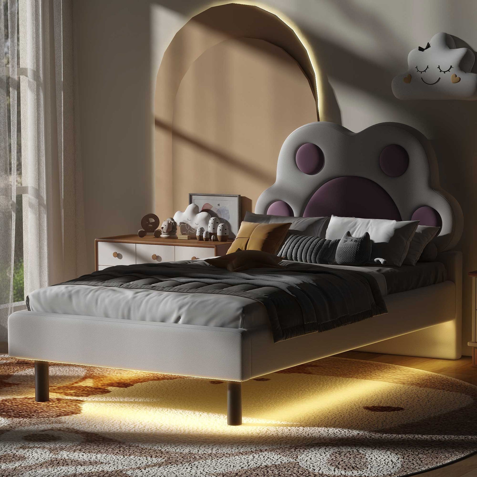 Twin Size Upholstered Platform Bed With Animal Paw Shaped Headboard And Led, Pink Box Spring Not Required Twin White Pink Wood Bedroom Solid Wood Mdf