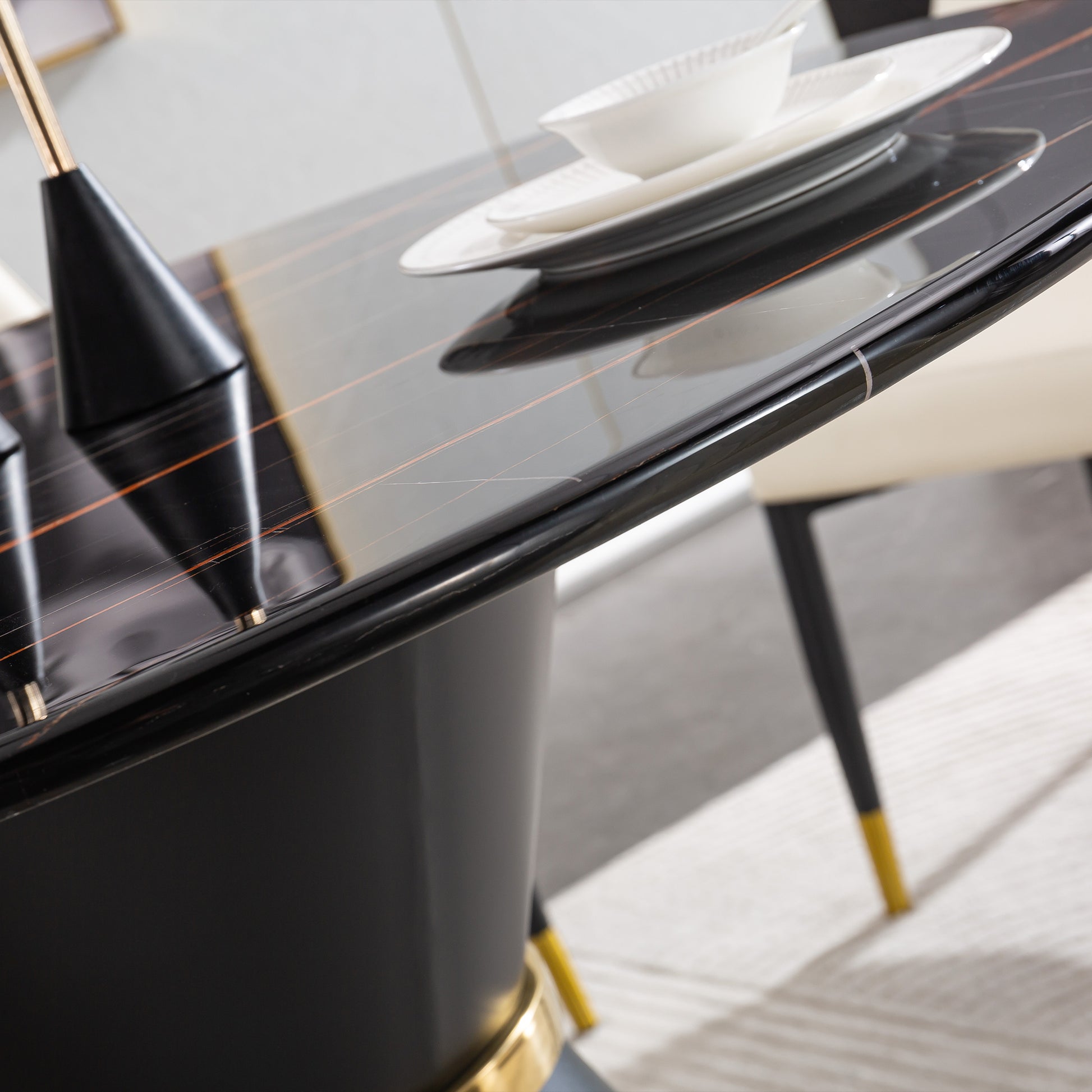Black Marble Printed Mdf Round Dining Table, Black Columnar Base With Gold Annulus Not Including Chairs Black Mdf Steel