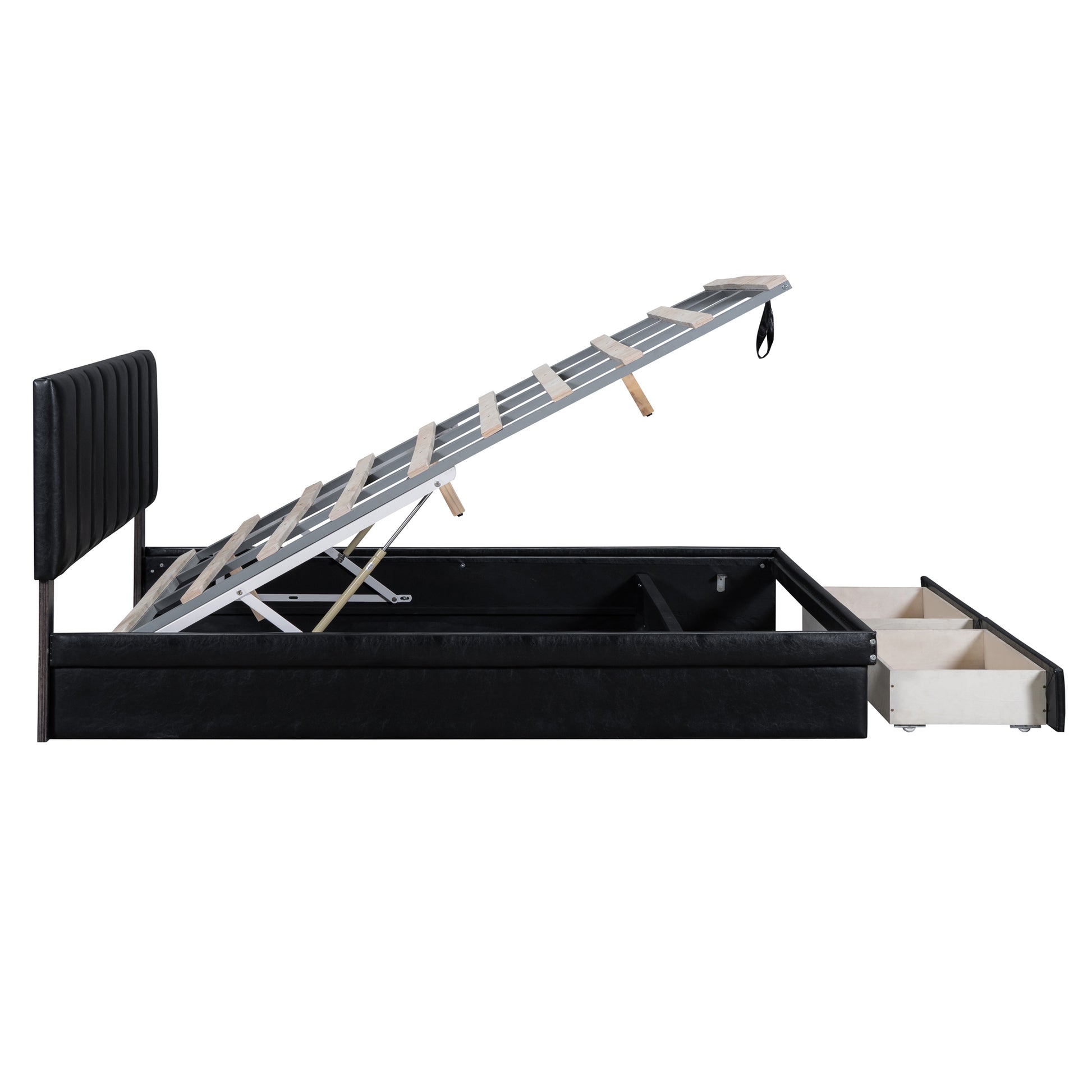 Queen Size Upholstered Bed With Hydraulic Storage System And Drawer, Black Black Pu Leather