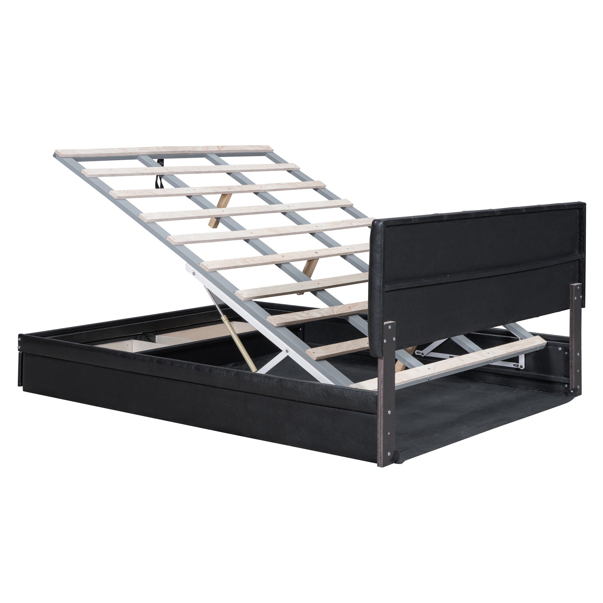 Queen Size Upholstered Bed With Hydraulic Storage System And Drawer, Black Black Pu Leather