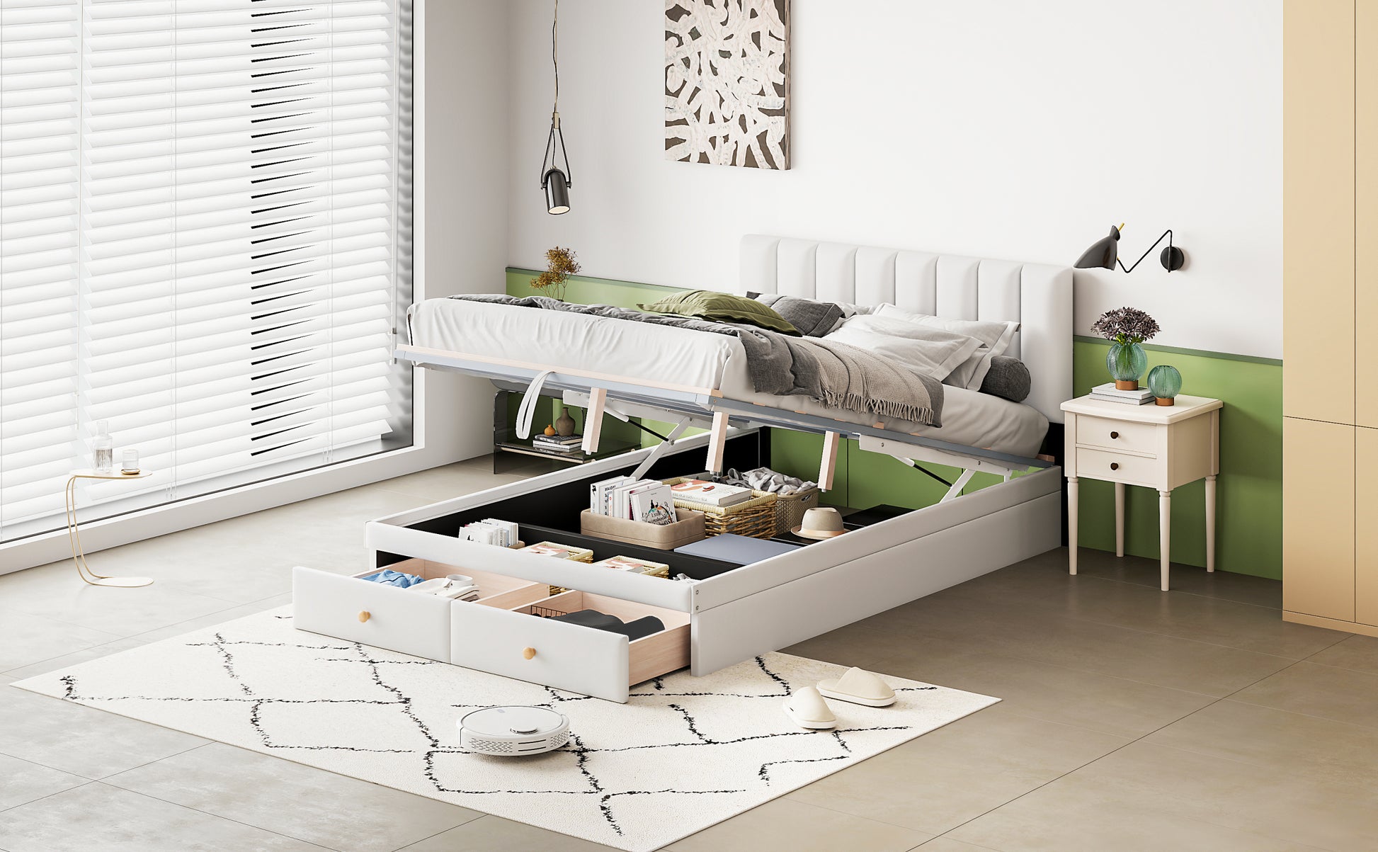Full Size Upholstered Bed With Hydraulic Storage System And Drawer, White White Pu Leather