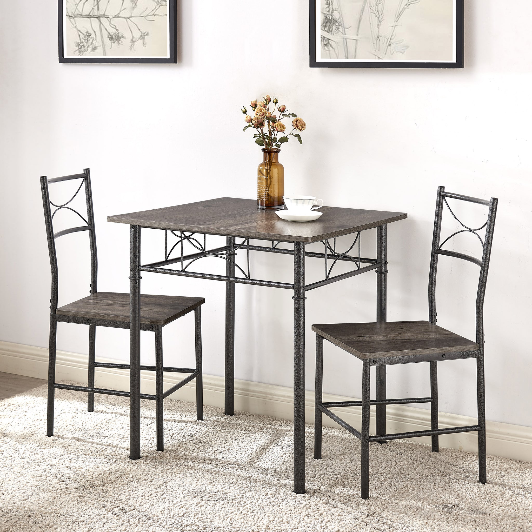 3 Piece Kitchen Dining Room Table Set Grey Chair Grey Gray Dining Room American Design,American Traditional,Antique Metal & Wood Metal & Wood