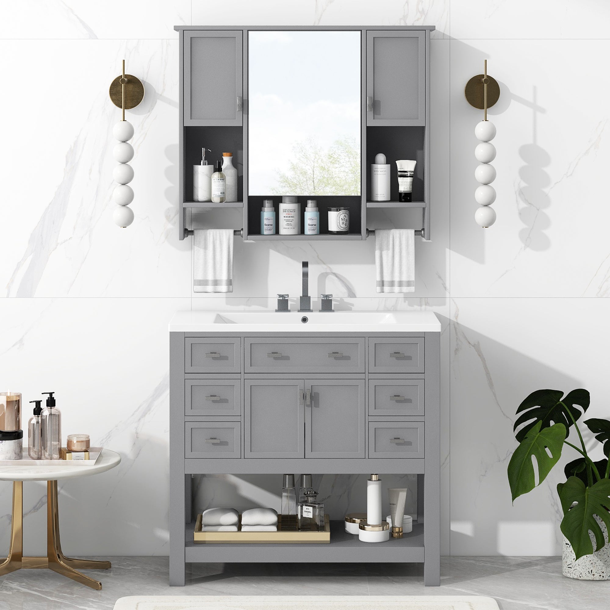 36'' Bathroom Vanity With Top Sink, Modern Mirror Cabinet With Towels Bar, Bathroom Storage Cabinet With 2 Soft Closing Doors And 6 Drawers, Single Sink Bathroom Vanity 4 Grey 4 Bathroom Freestanding Solid Wood Mdf Resin