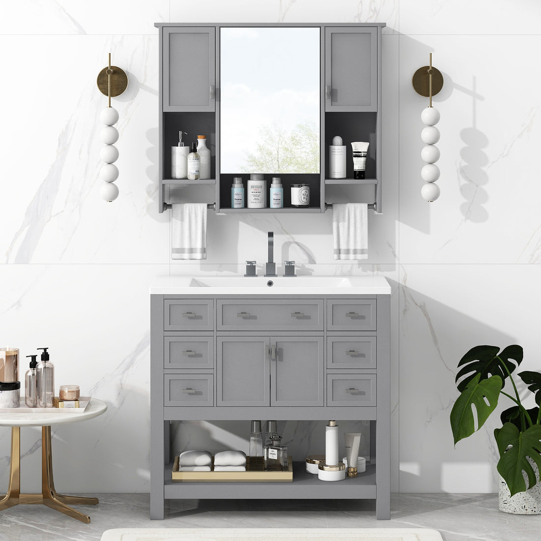 36'' Bathroom Vanity With Top Sink, Modern Mirror Cabinet With Towels Bar, Bathroom Storage Cabinet With 2 Soft Closing Doors And 6 Drawers, Single Sink Bathroom Vanity 4 Grey 4 Bathroom Freestanding Solid Wood Mdf Resin