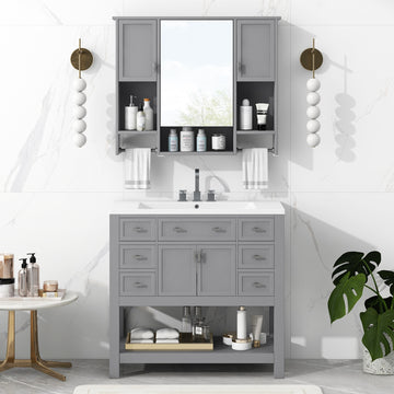 36'' Bathroom Vanity With Top Sink, Modern Mirror Cabinet With Towels Bar, Bathroom Storage Cabinet With 2 Soft Closing Doors And 6 Drawers, Single Sink Bathroom Vanity 4 Grey 4 Bathroom Freestanding Solid Wood Mdf Resin