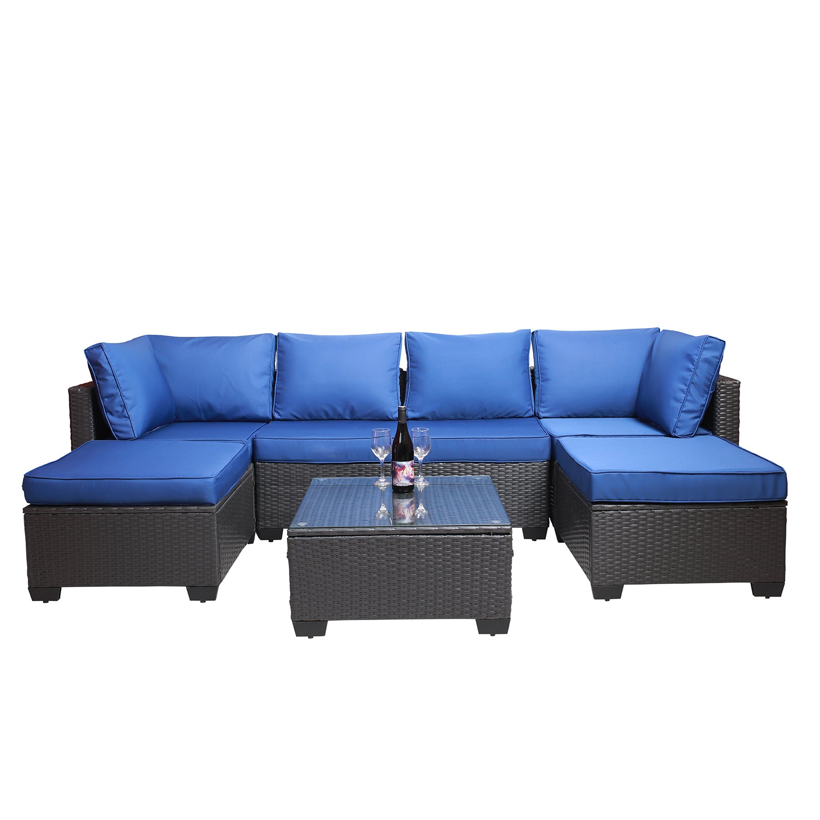 Outdoor Garden Patio Furniture 7 Piece Pe Rattan Wicker Cushioned Sofa Sets And Coffee Table, Patio Furniture Set Outdoor Couch Outdoor Couch Patio Furniture Outdoor Sofa Patio Couch Yes Complete Patio Set Black Blue Rust Resistant Frame Water Resistant