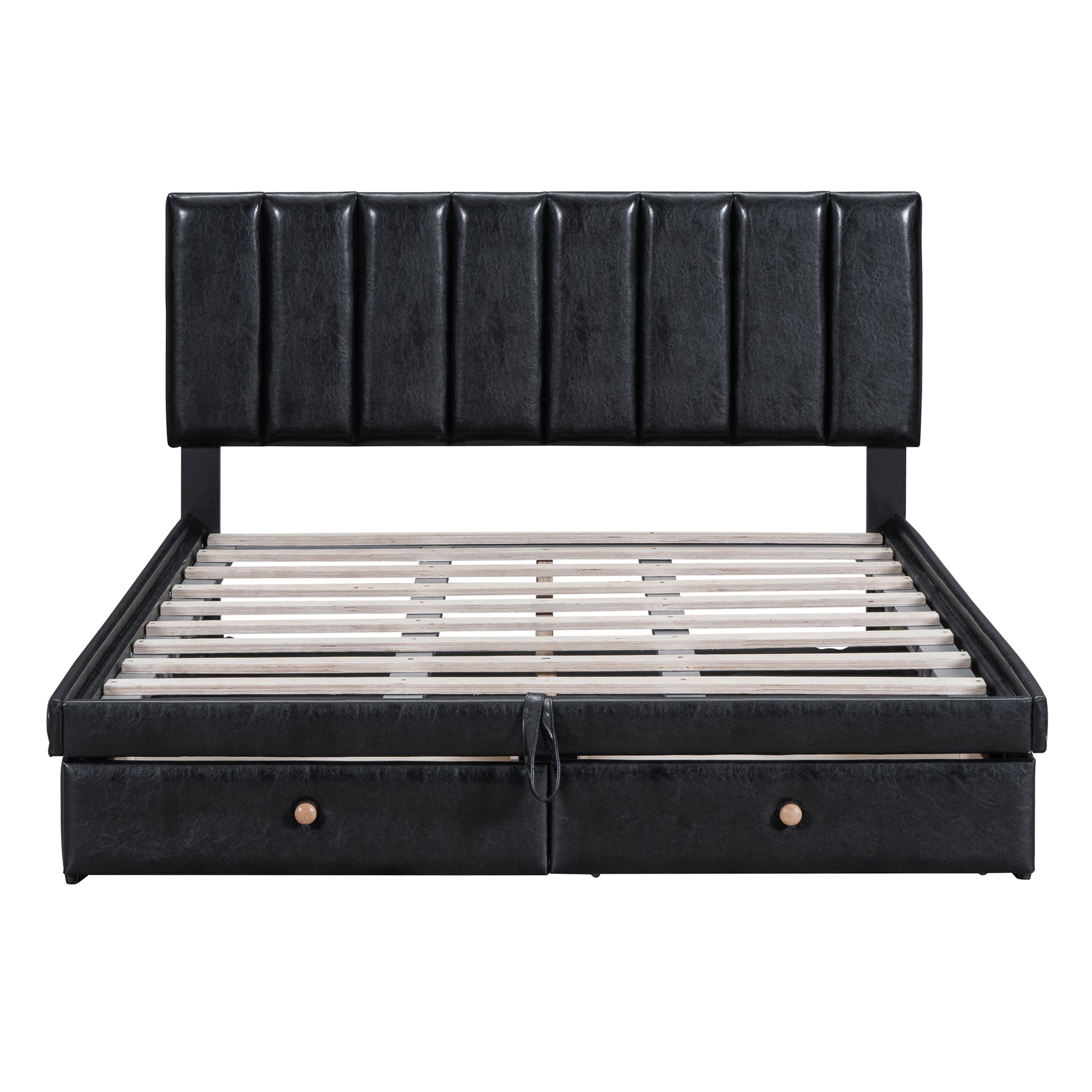 Full Size Upholstered Bed With Hydraulic Storage System And Drawer, Black Black Pu Leather