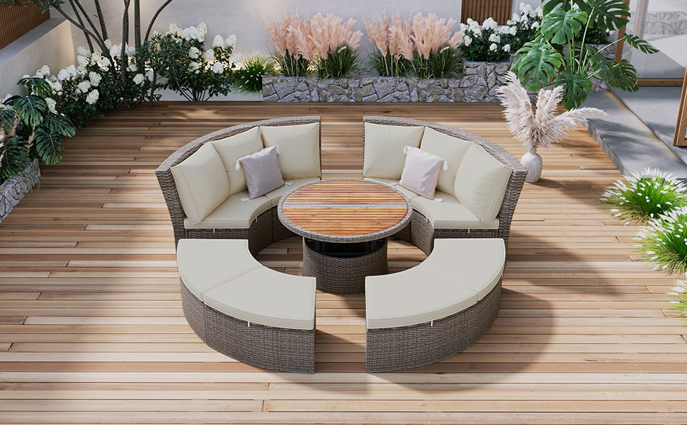 Patio 5 Piece Round Rattan Sectional Sofa Set All Weather Pe Wicker Sunbed Daybed With Round Liftable Table And Washable Cushions For Outdoor Backyard Poolside, Gray Yes Deep Seating Gray Water Resistant Frame Water Resistant Cushion Garden & Outdoor