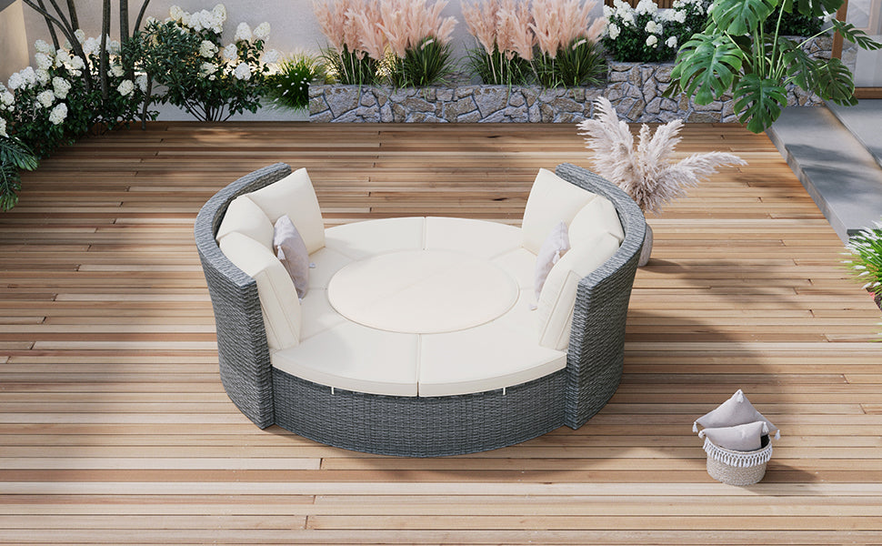 Patio 5 Piece Round Rattan Sectional Sofa Set All Weather Pe Wicker Sunbed Daybed With Round Liftable Table And Washable Cushions For Outdoor Backyard Poolside, Beige Yes Deep Seating Beige Water Resistant Frame Water Resistant Cushion Garden & Outdoor
