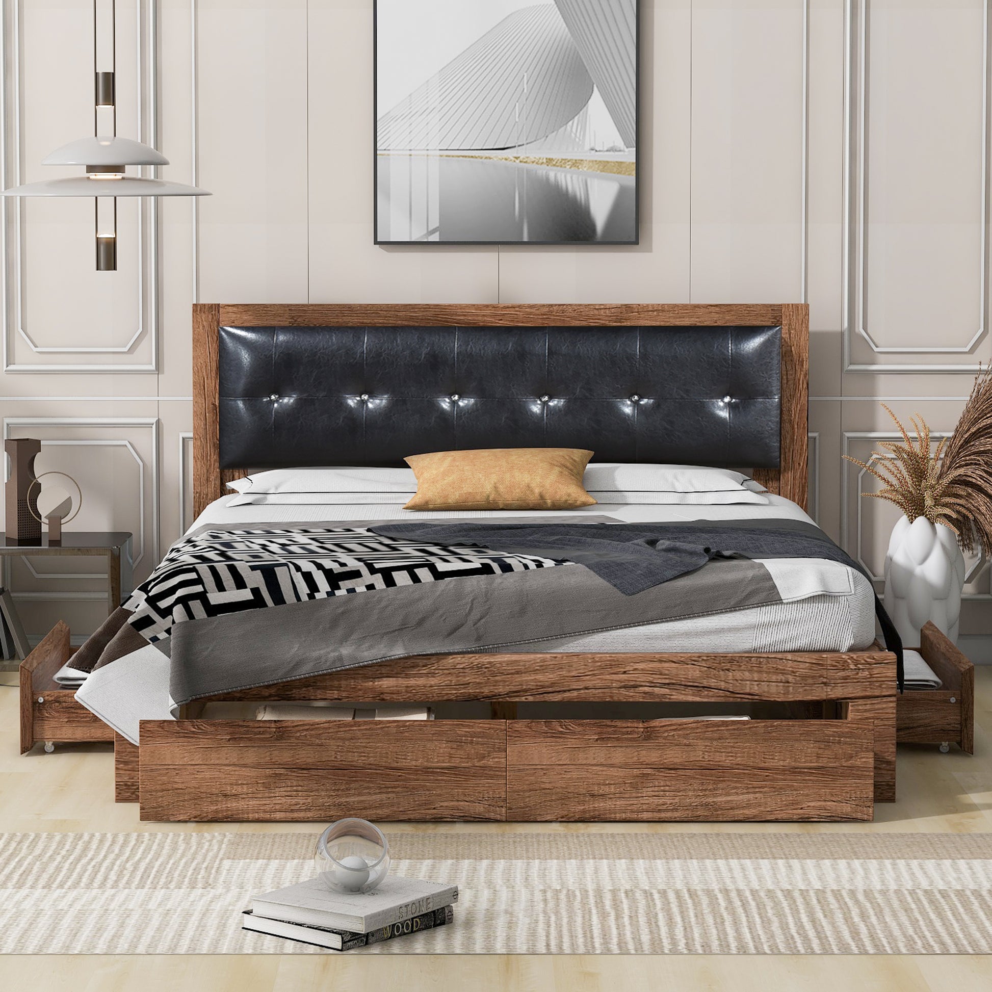 Queen Size Wood Platform Bed With Upholstered Headboard And 4 Drawers Box Spring Not Required Queen Walnut Wood Bedroom Bed Frame Faux Leather Solid Wood Mdf
