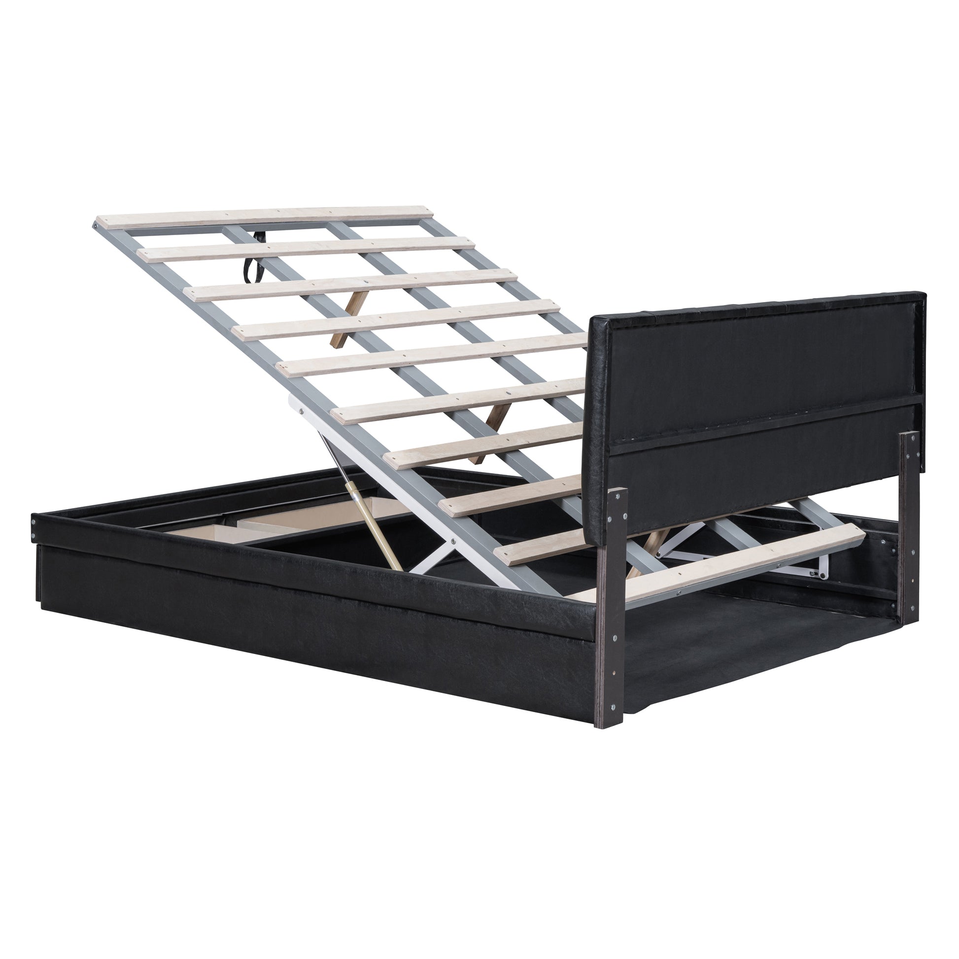 Full Size Upholstered Bed With Hydraulic Storage System And Drawer, Black Black Pu Leather
