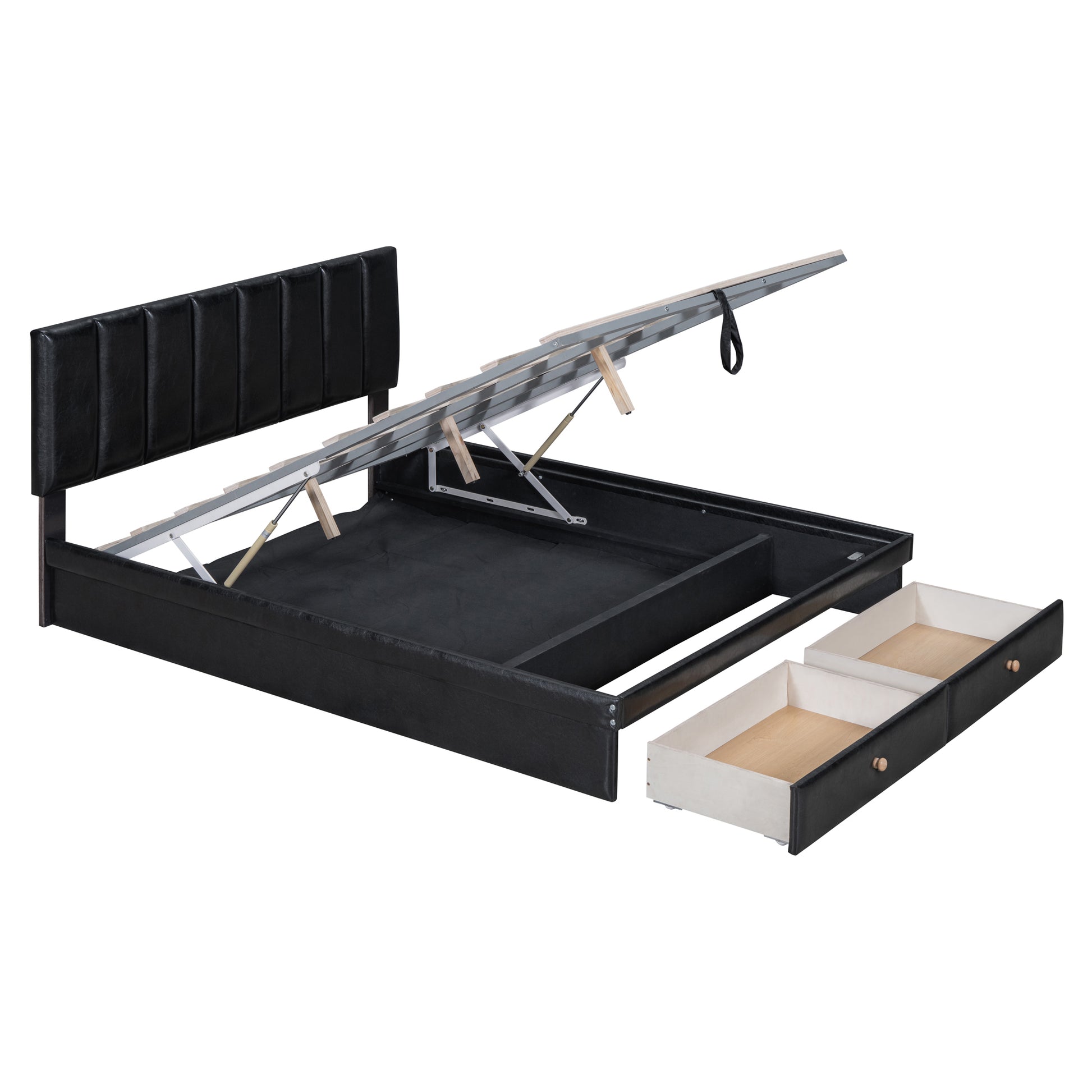 Full Size Upholstered Bed With Hydraulic Storage System And Drawer, Black Black Pu Leather