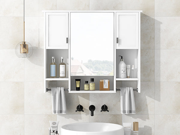 35'' X 28'' Modern Wall Mounted Bathroom Storage Cabinet, Bathroom Wall Cabinet With Mirror, Medicine Cabinet With Towels Bar White 3 5 Mirror Included Bathroom Wall Mounted Mdf Painted