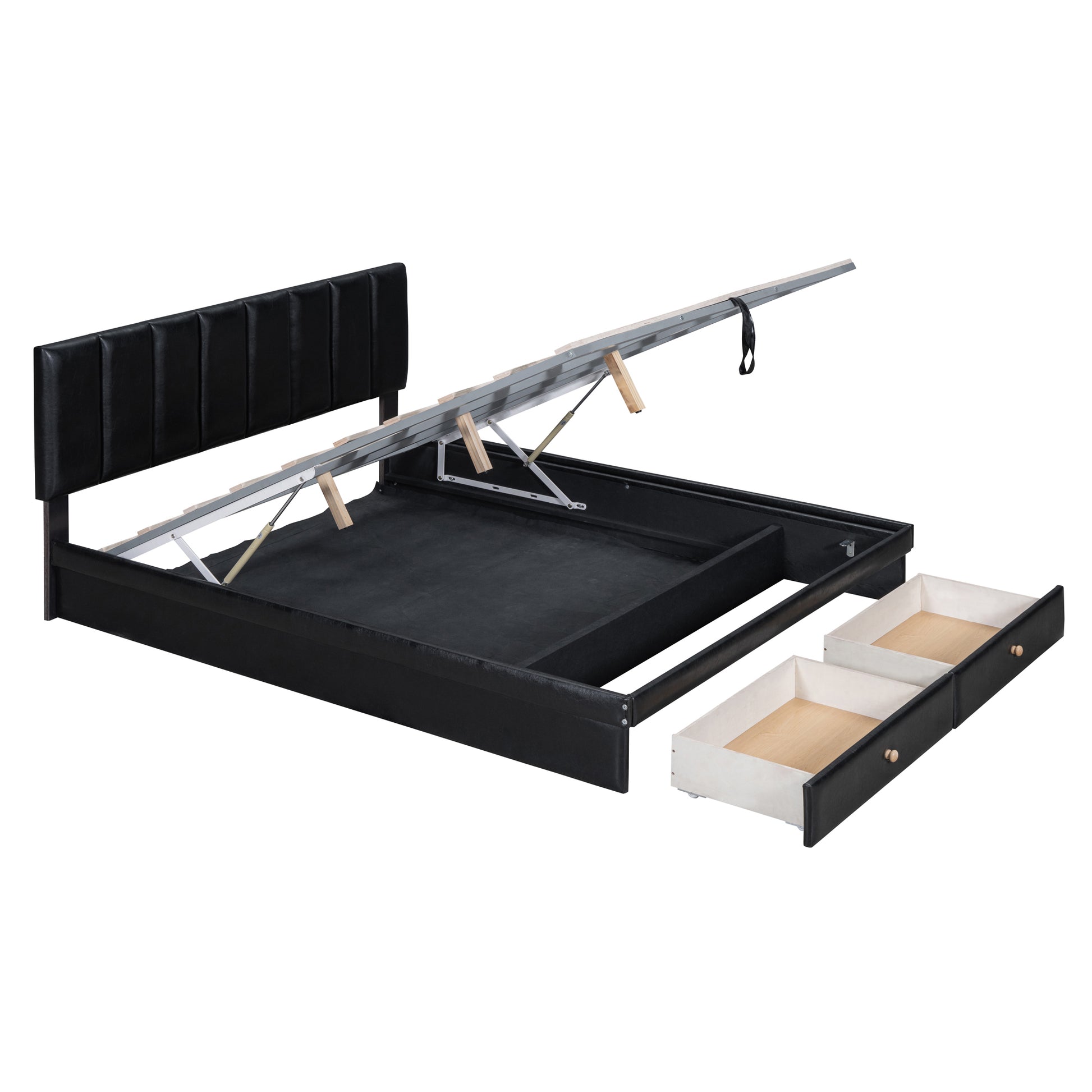 Queen Size Upholstered Bed With Hydraulic Storage System And Drawer, Black Black Pu Leather