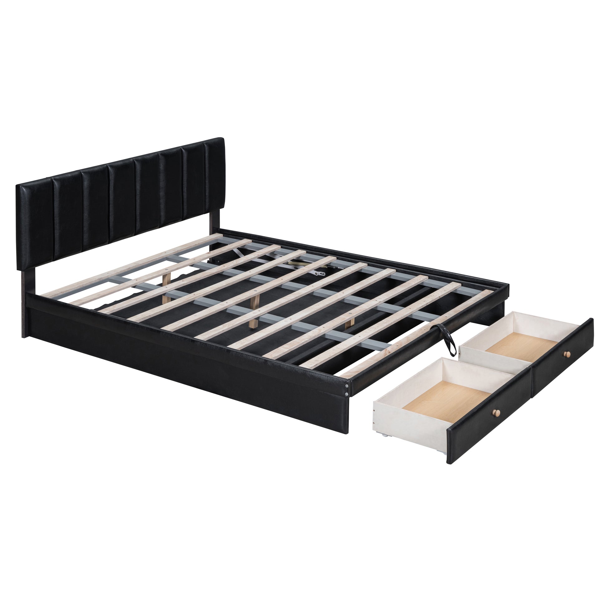 Queen Size Upholstered Bed With Hydraulic Storage System And Drawer, Black Black Pu Leather