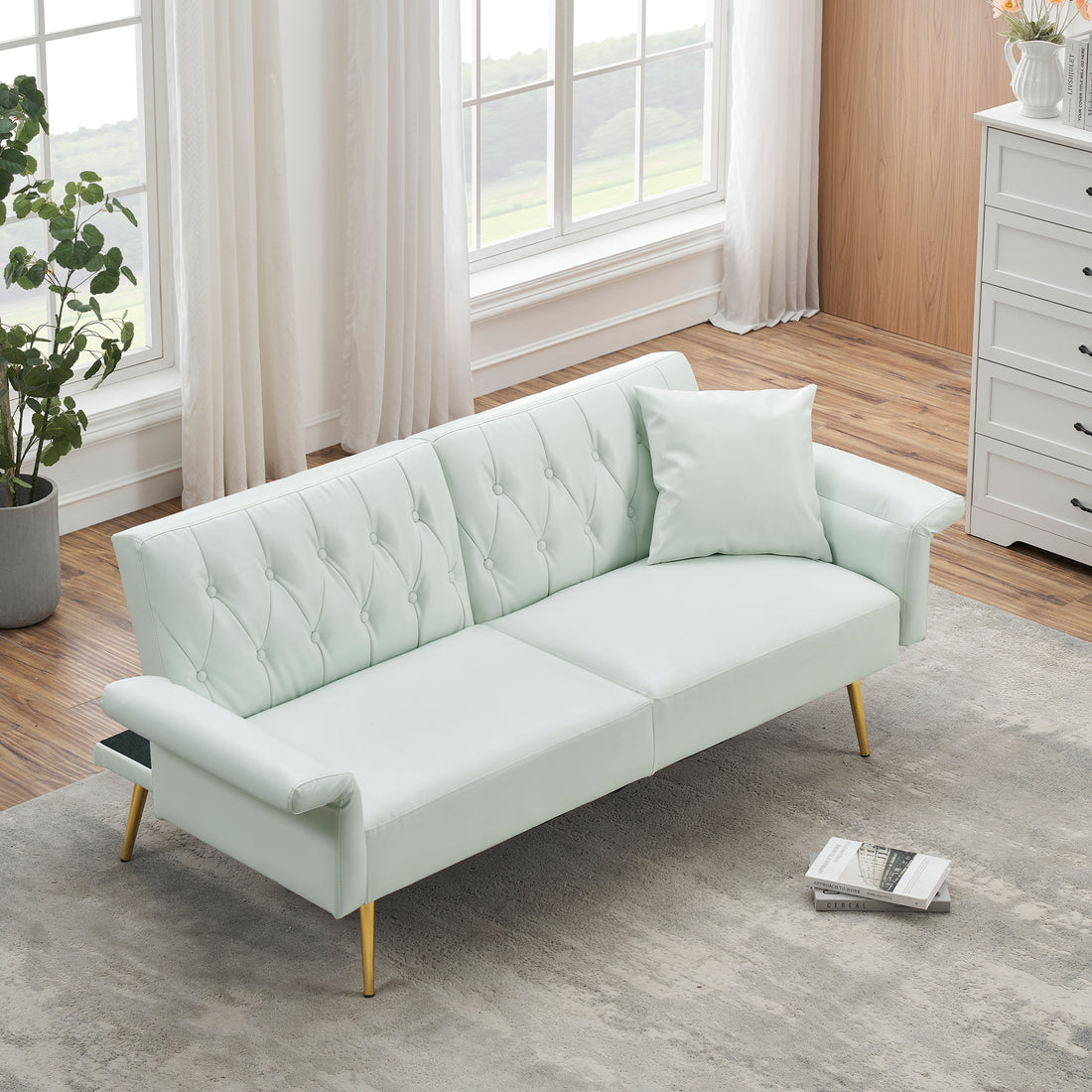 67.71 Inch Faux Leather Sofa Bed With Adjustment Armres White Light Brown Faux Leather Wood Primary Living Space Medium Soft Loose Back Contemporary Eucalyptus Square Arms Foam Pvc 2 Seat