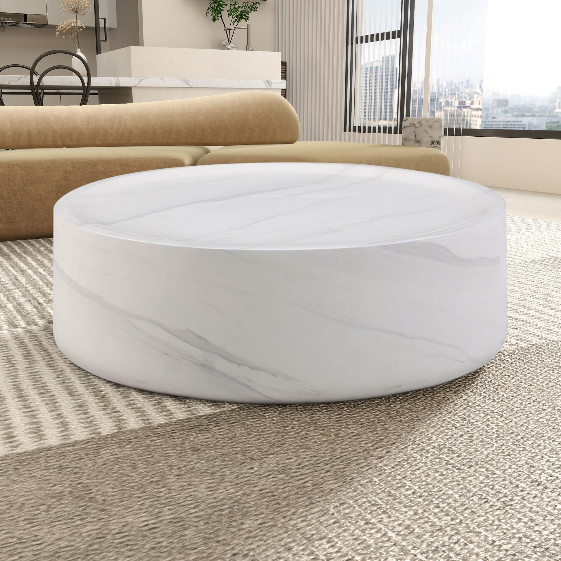 39.37'' White Marble Round Coffee Table Sturdy Fiberglass Table For Living Room, No Need Assembly. White Fiberglass