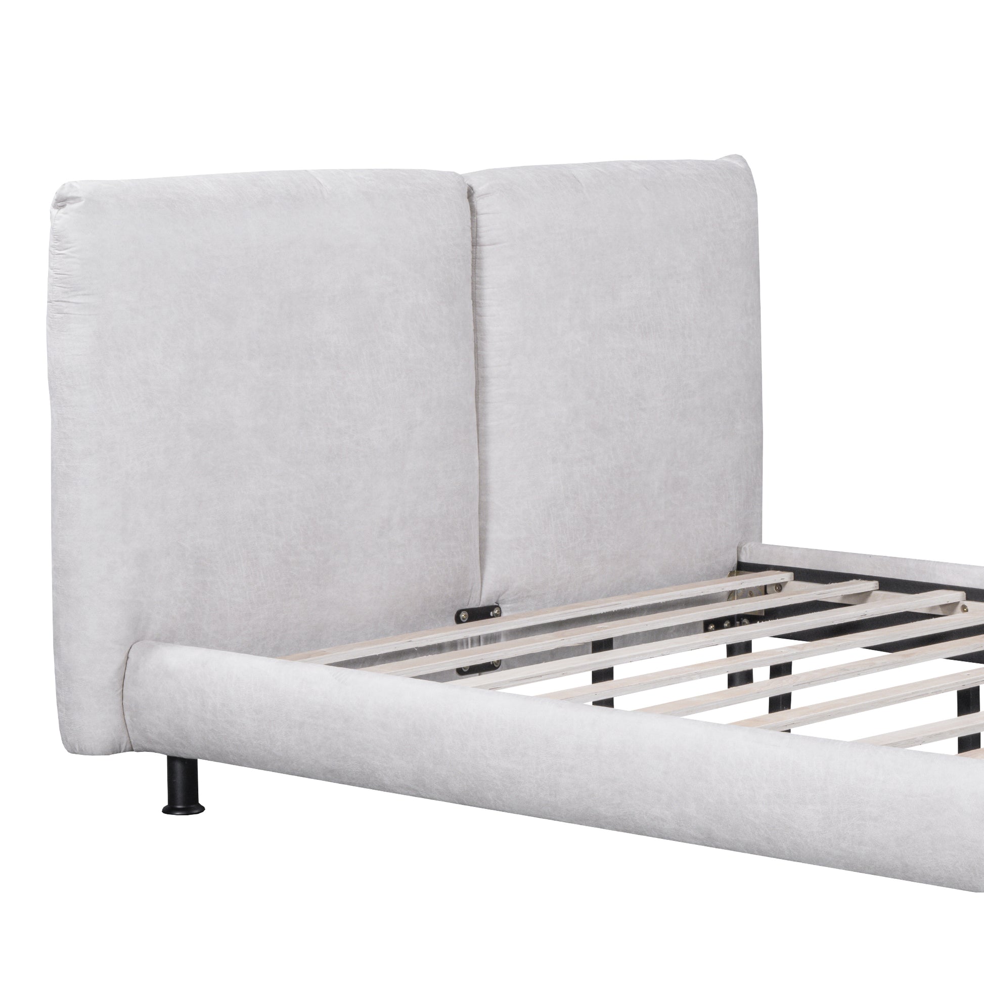 Queen Size Upholstered Platform Bed With Two Large Headrests And Thick Fabric, Polyester, Beige Beige Polyester