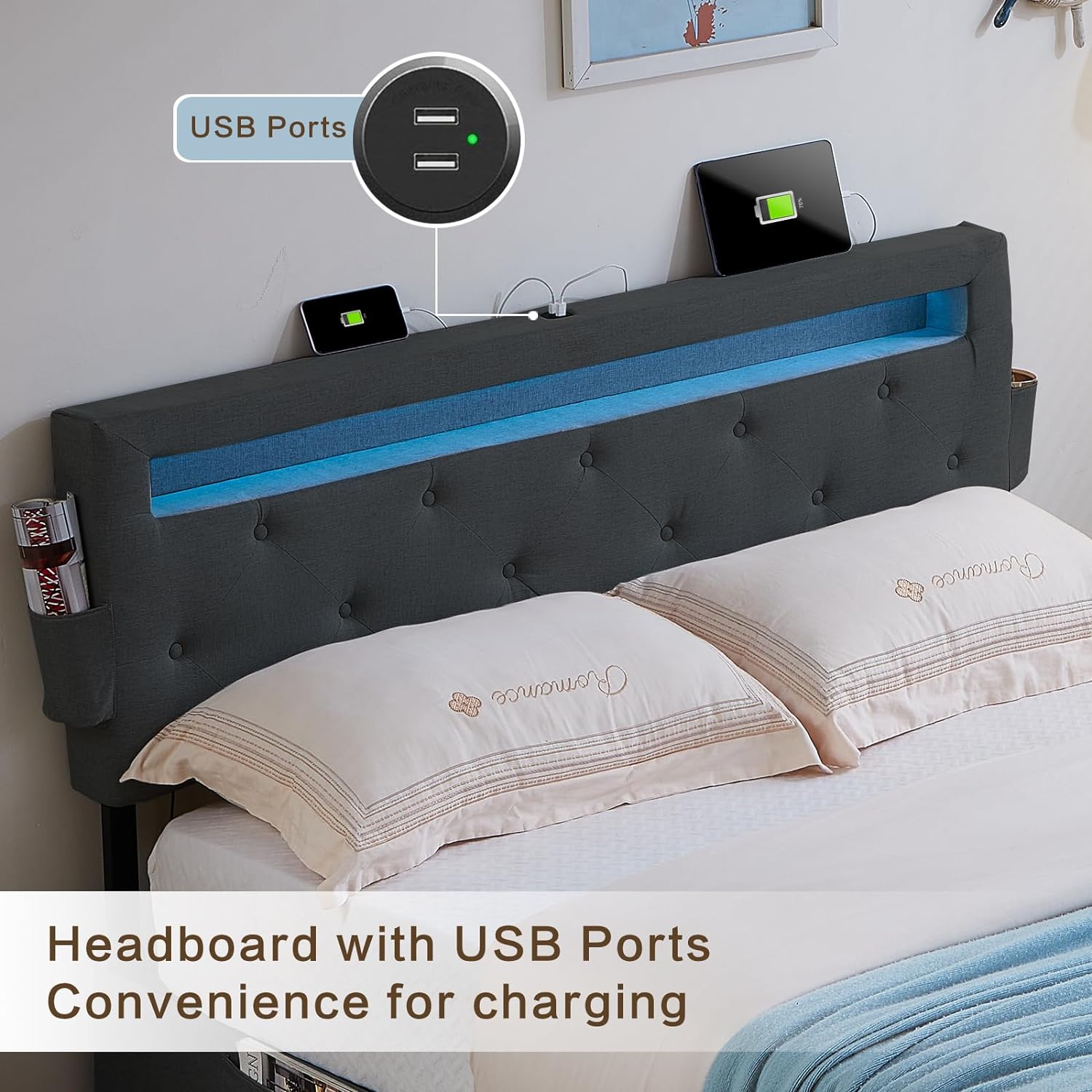 Queen Bed Frame With Usb Charging Station & Led Lights, Queen Bed Frame With Headboard & 4 Storage Drawers, D Box Spring Not Required Queen Dark Gray Metal Bedroom Contemporary Bed Frame Foam Linen Upholstered