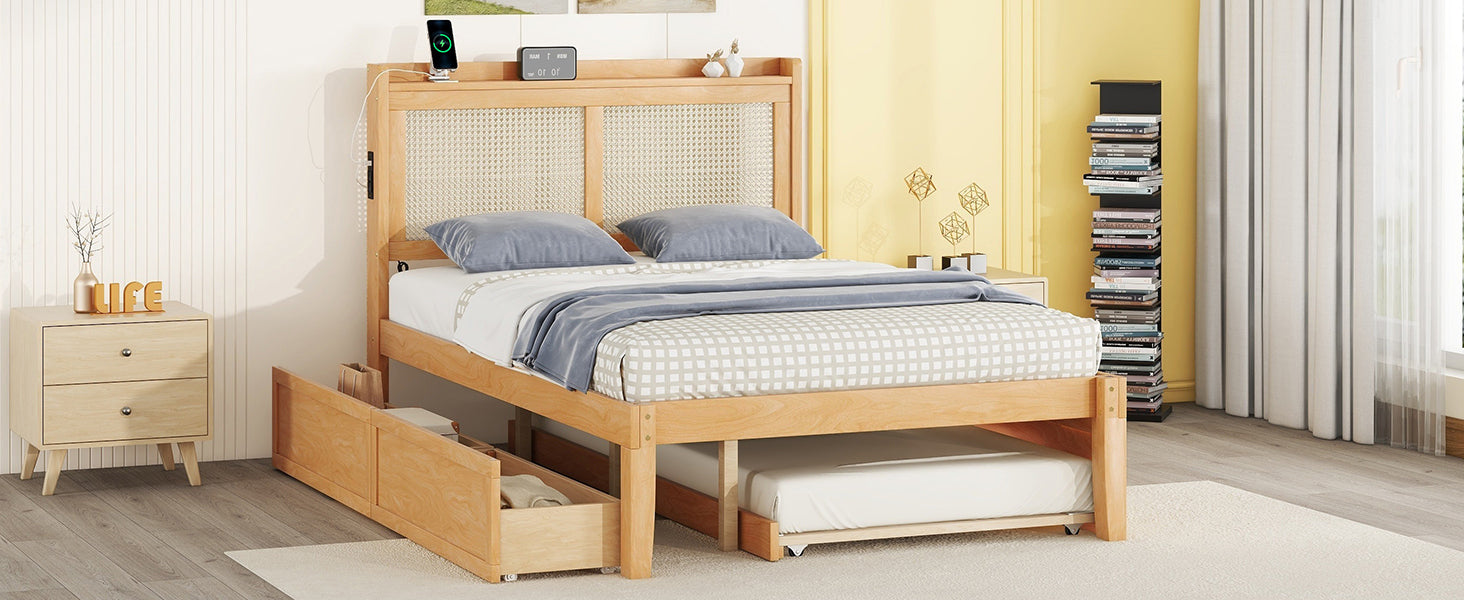 Full Size Elegant Bed Frame With Rattan Headboard And Sockets ,Natural Full Natural Rattan